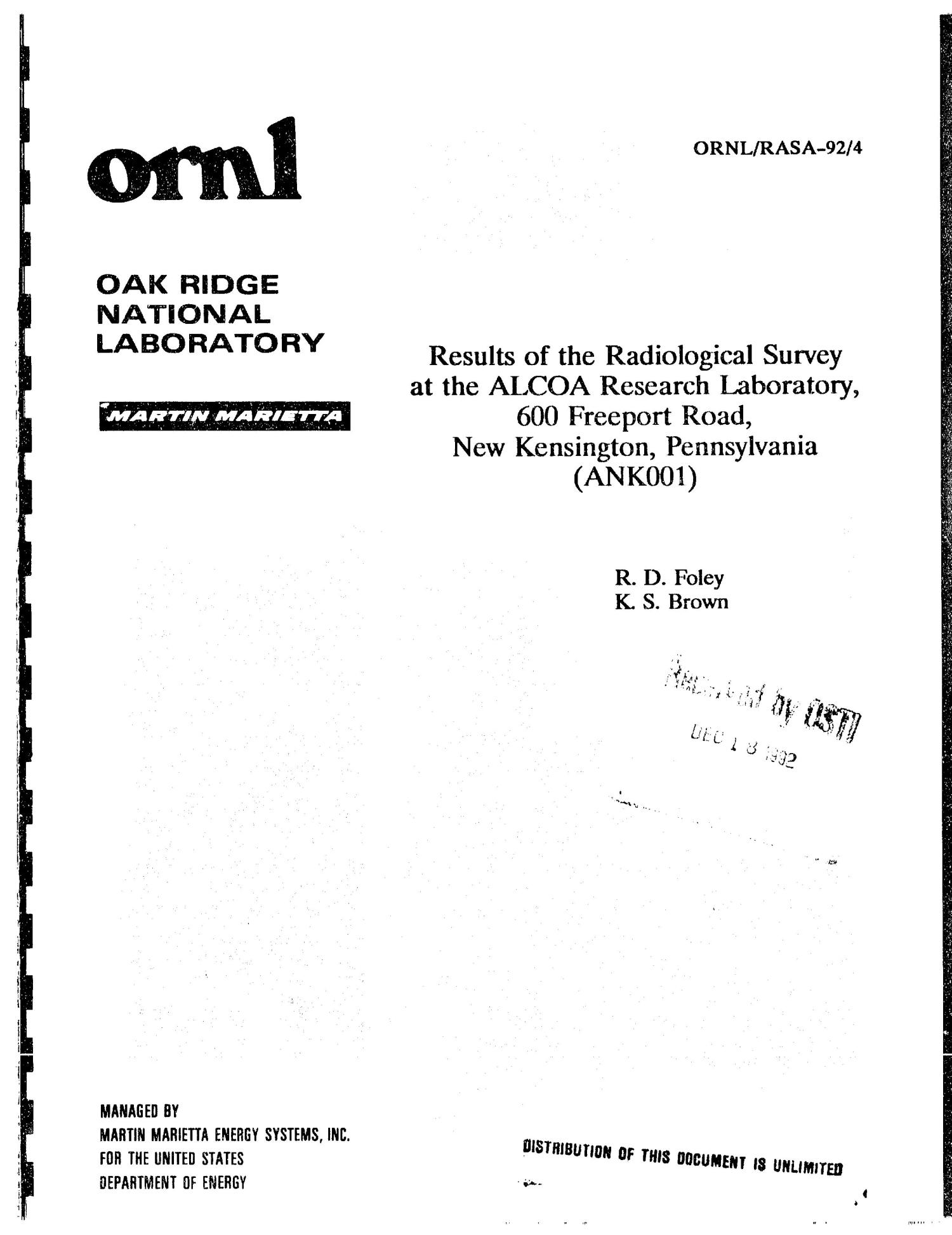 Results of the radiological survey at the ALCOA Research Laboratory