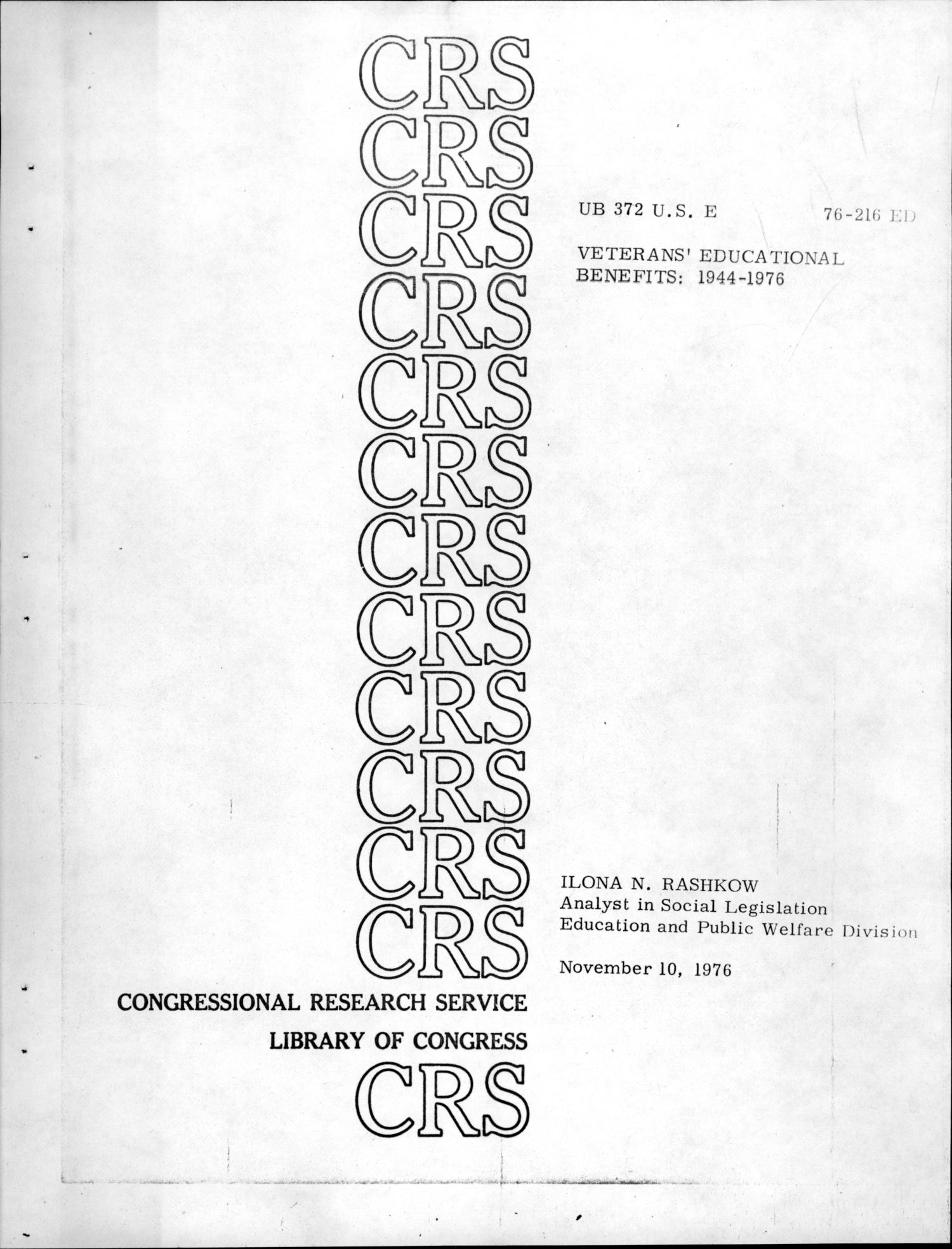 Veterans' Educational Benefits 19441976 UNT Digital Library