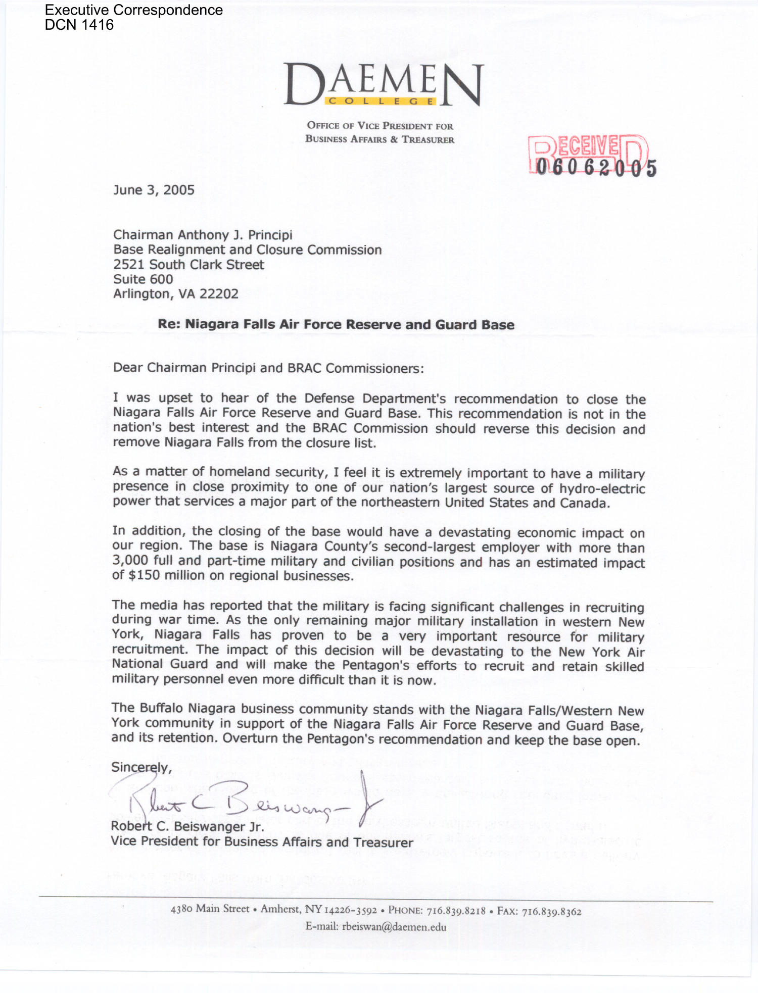 Letter to all Chairman Principi from Robert Beiswanger of Daemen