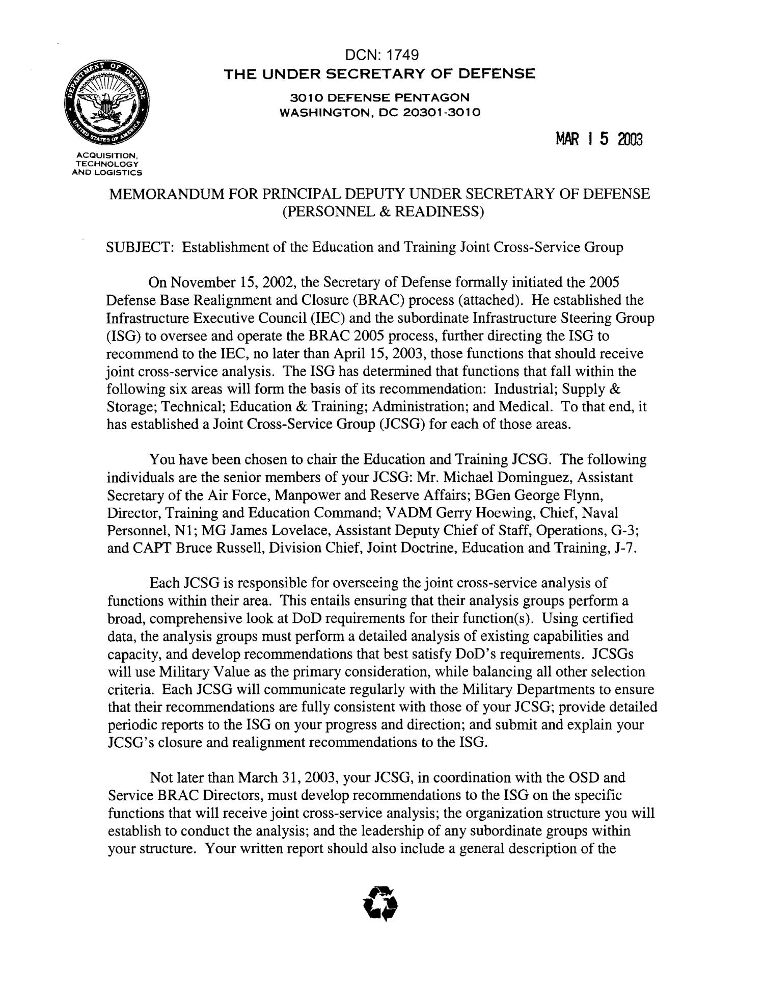 Memorandum for Principal Deputy Under Secretary of Defense (Personnel
