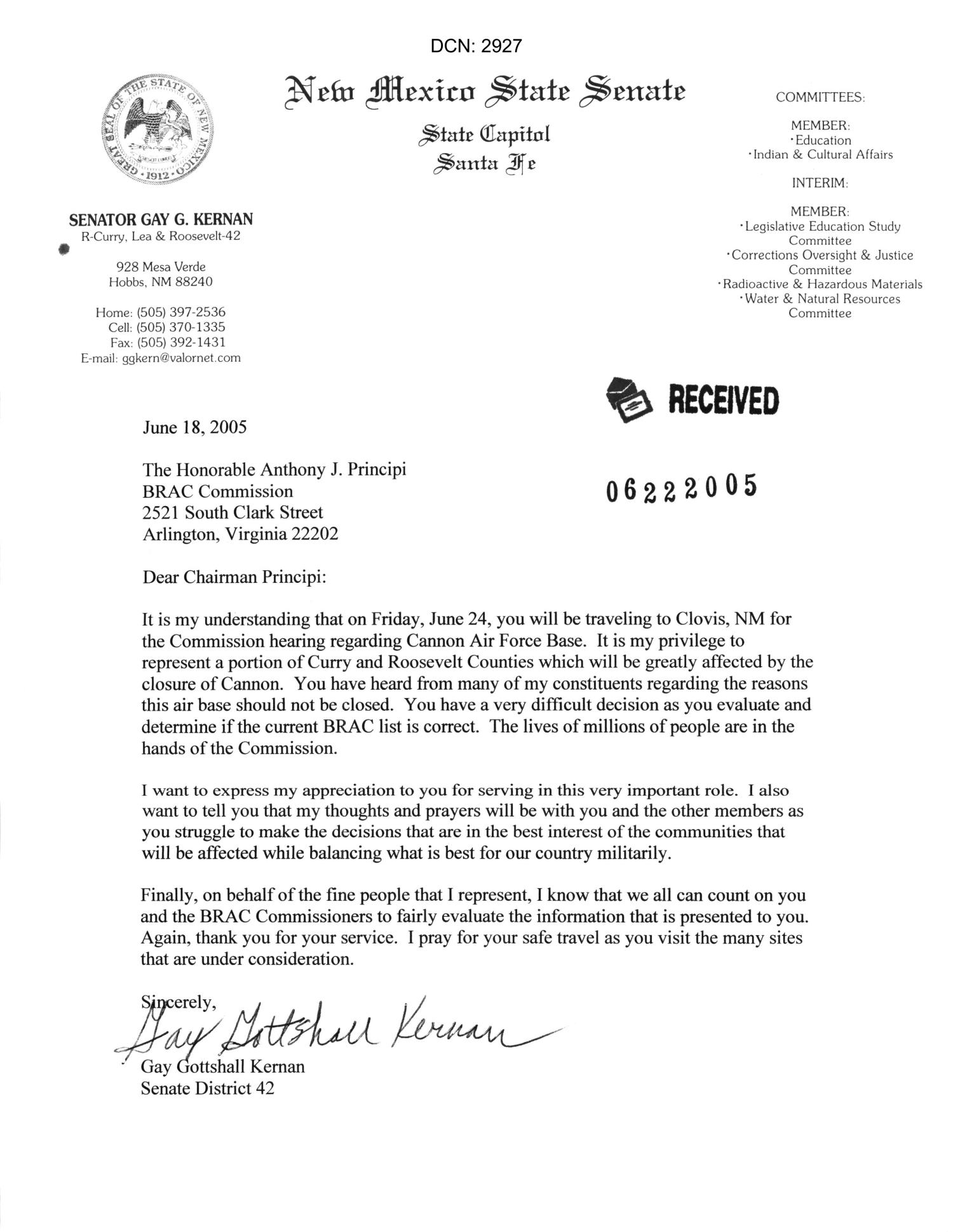 Letter from New Mexico State senator Gay Gottshell Kernan to Chairman