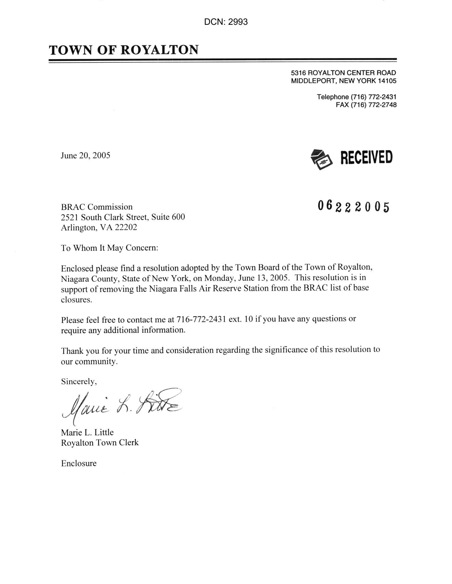 Letter from Marie L. Little Royalton Town Clerk to the 2005 BRAC