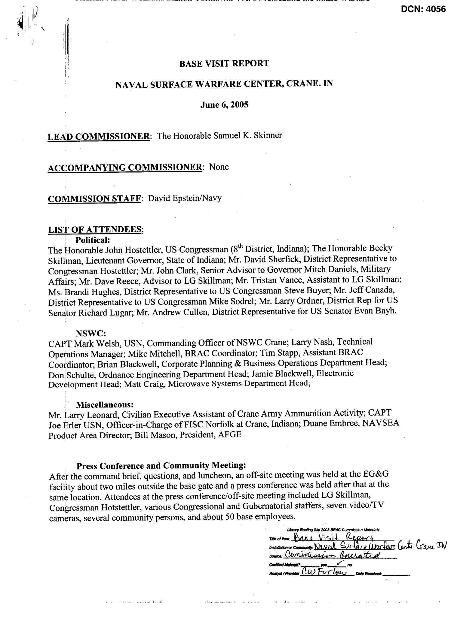 Base Visit Report Naval Surface Warfare Center, Crane Indiana UNT