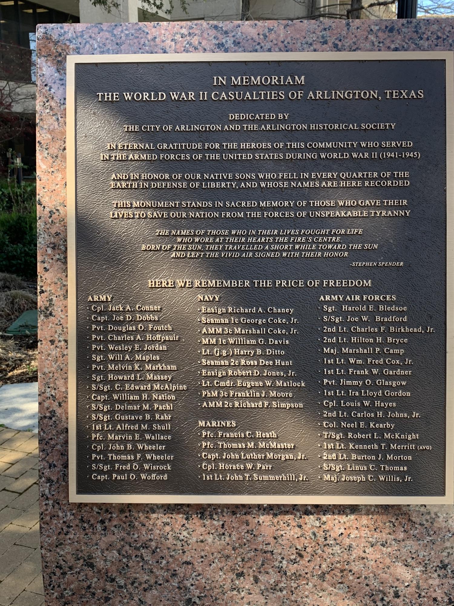 [Memorial plaque for World War II casualties from Arlington, Texas