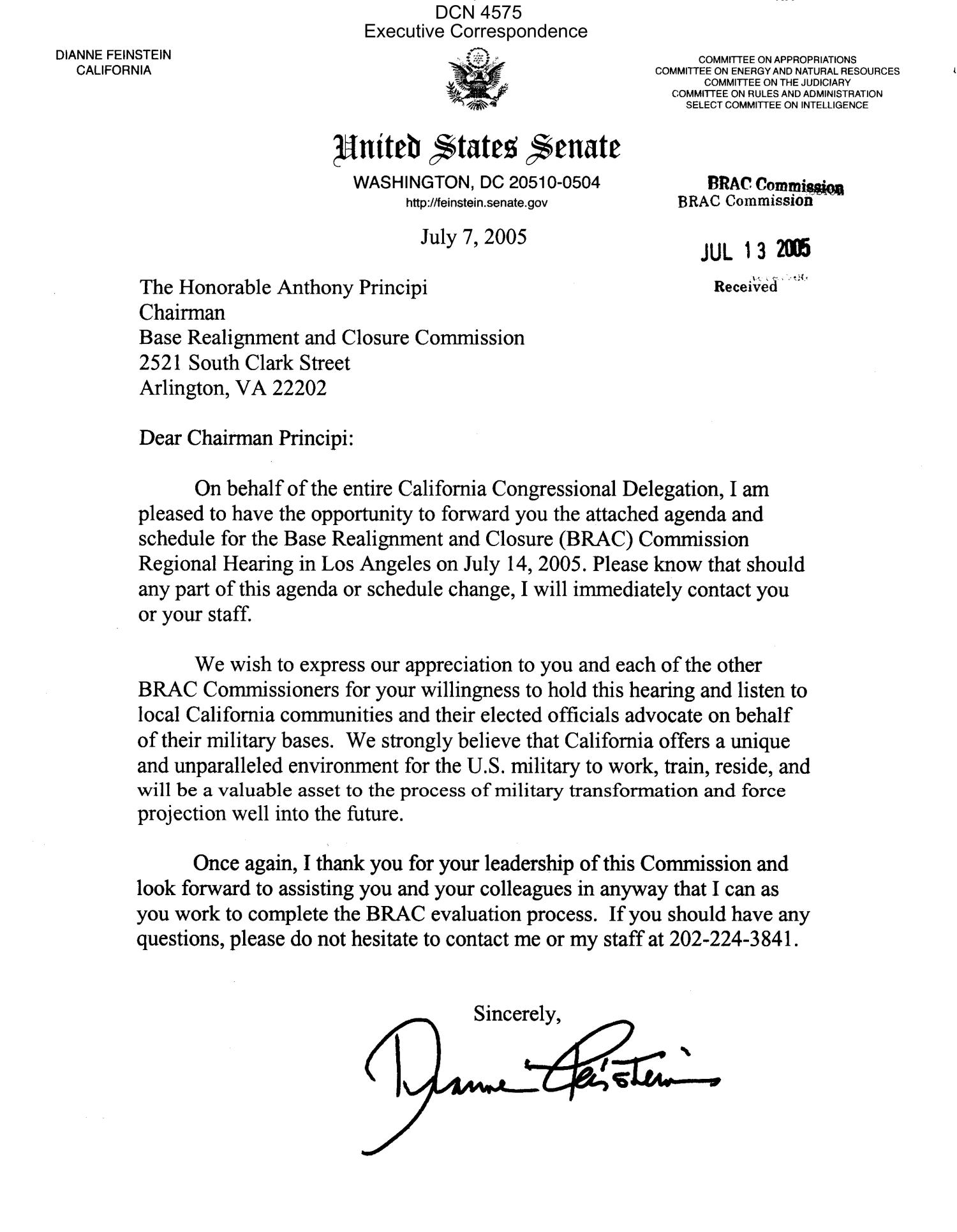 Executive Correspondence Letter dtd 07/07/05 to Chairman Principi