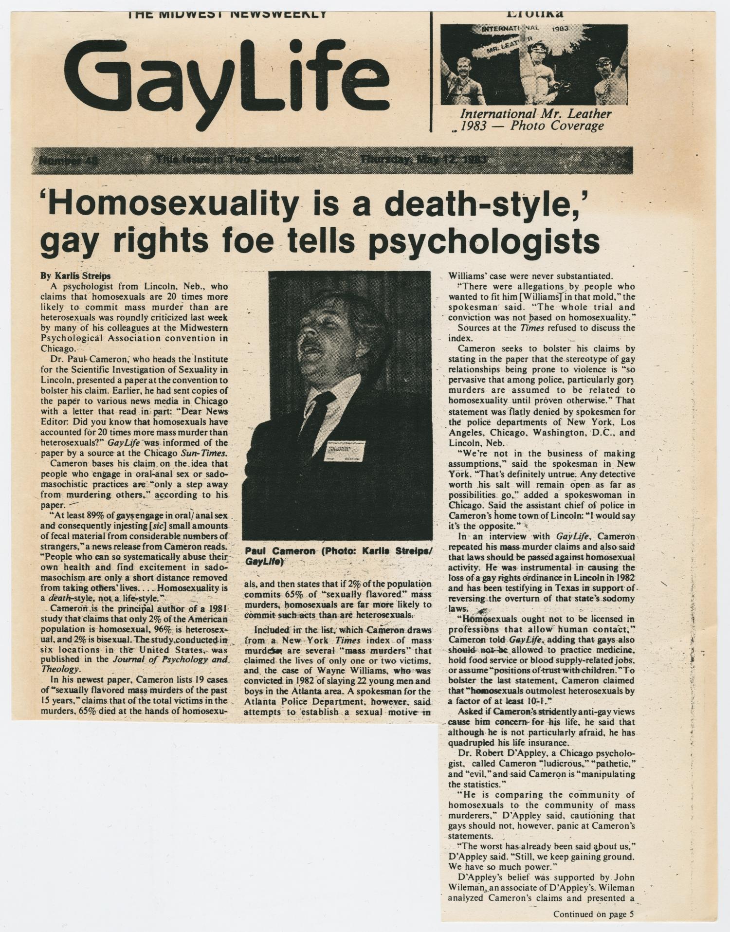 [Clipping " 'Homosexuality is a deathstyle,' gay rights foe tells