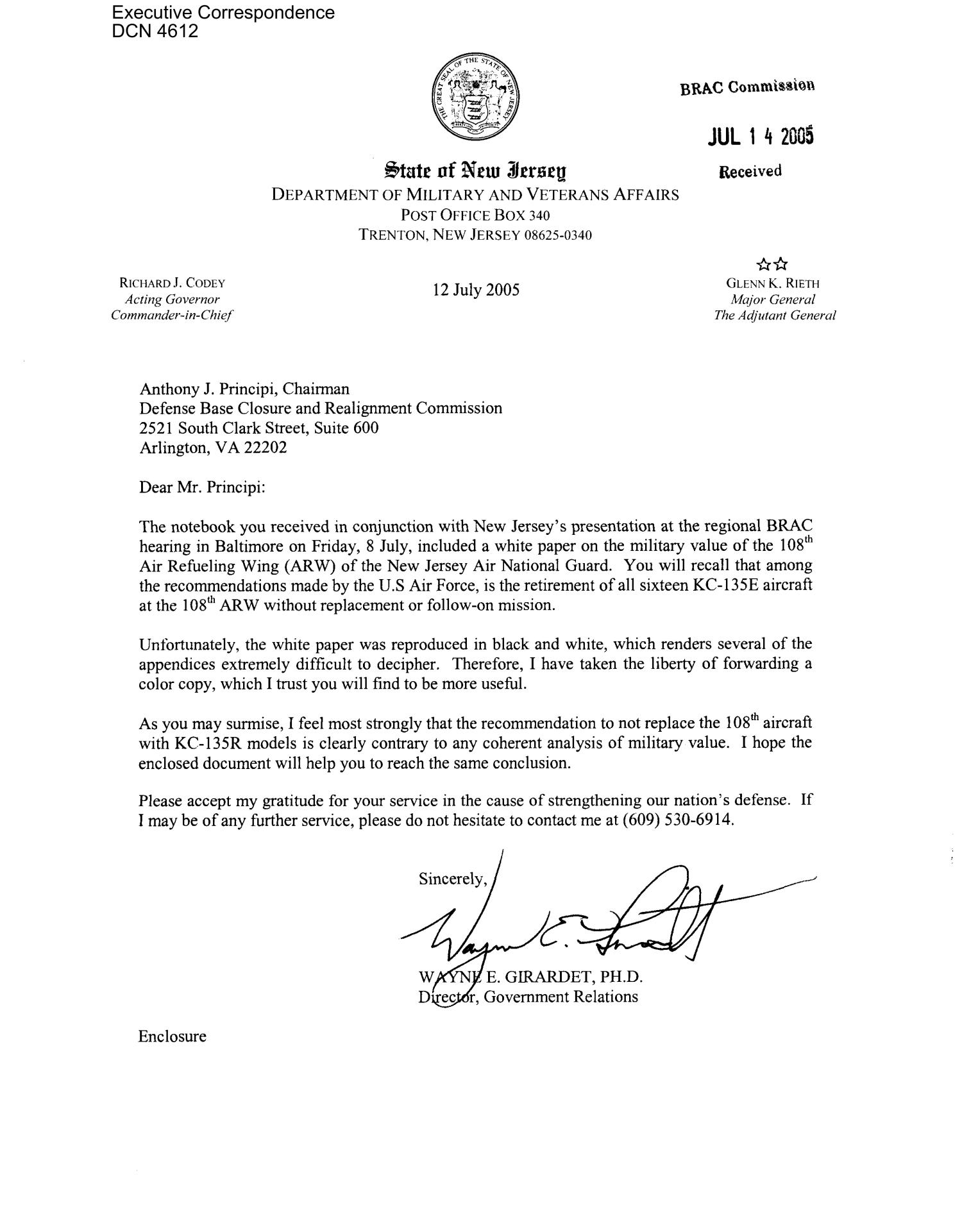 Executive Correspondence Letter dtd 07/15/05 to all Commissioners and