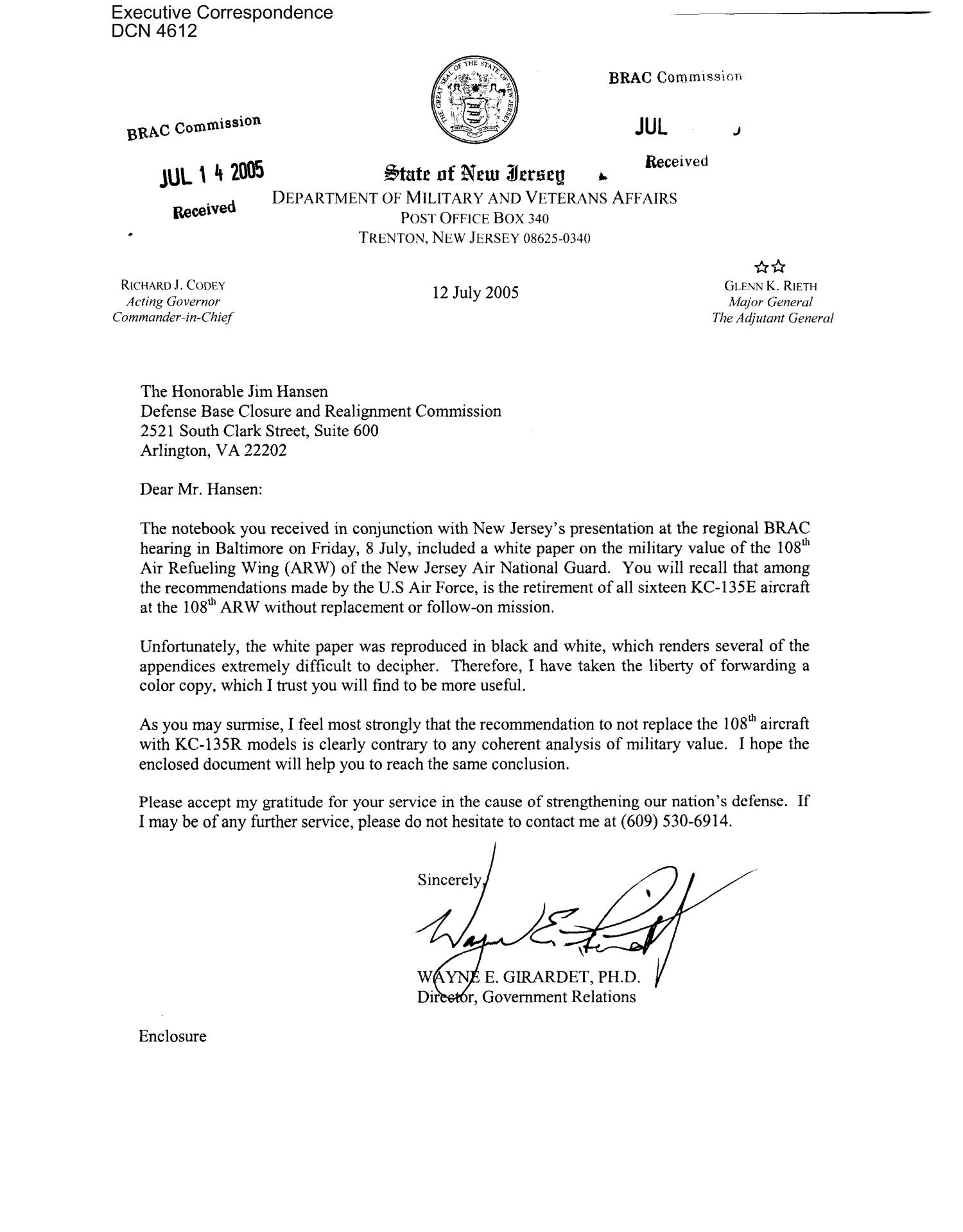 Executive Correspondence Letter dtd 07/15/05 to all Commissioners and