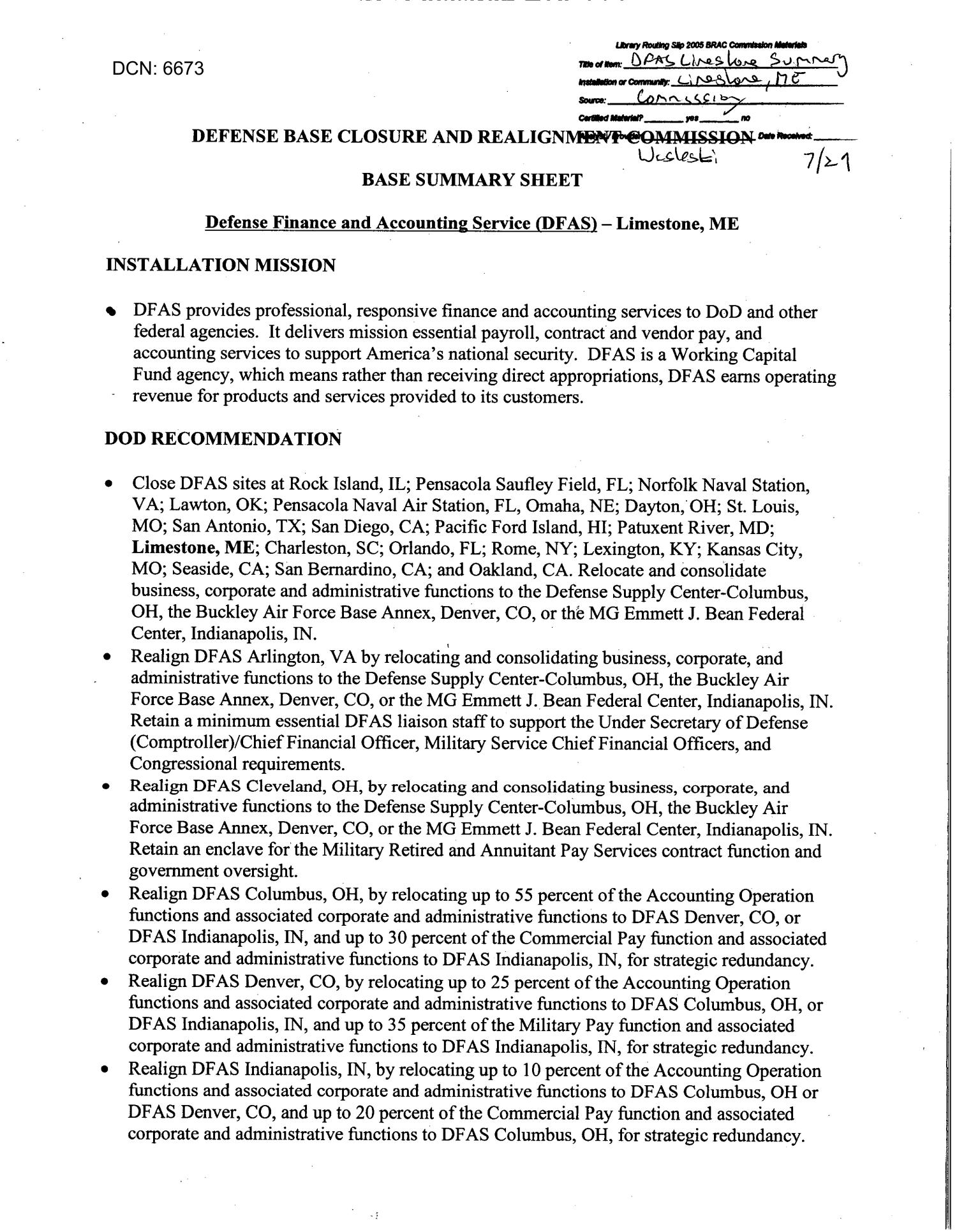 DA13 Base Summary Sheet Defense Agencies Defense Finance and