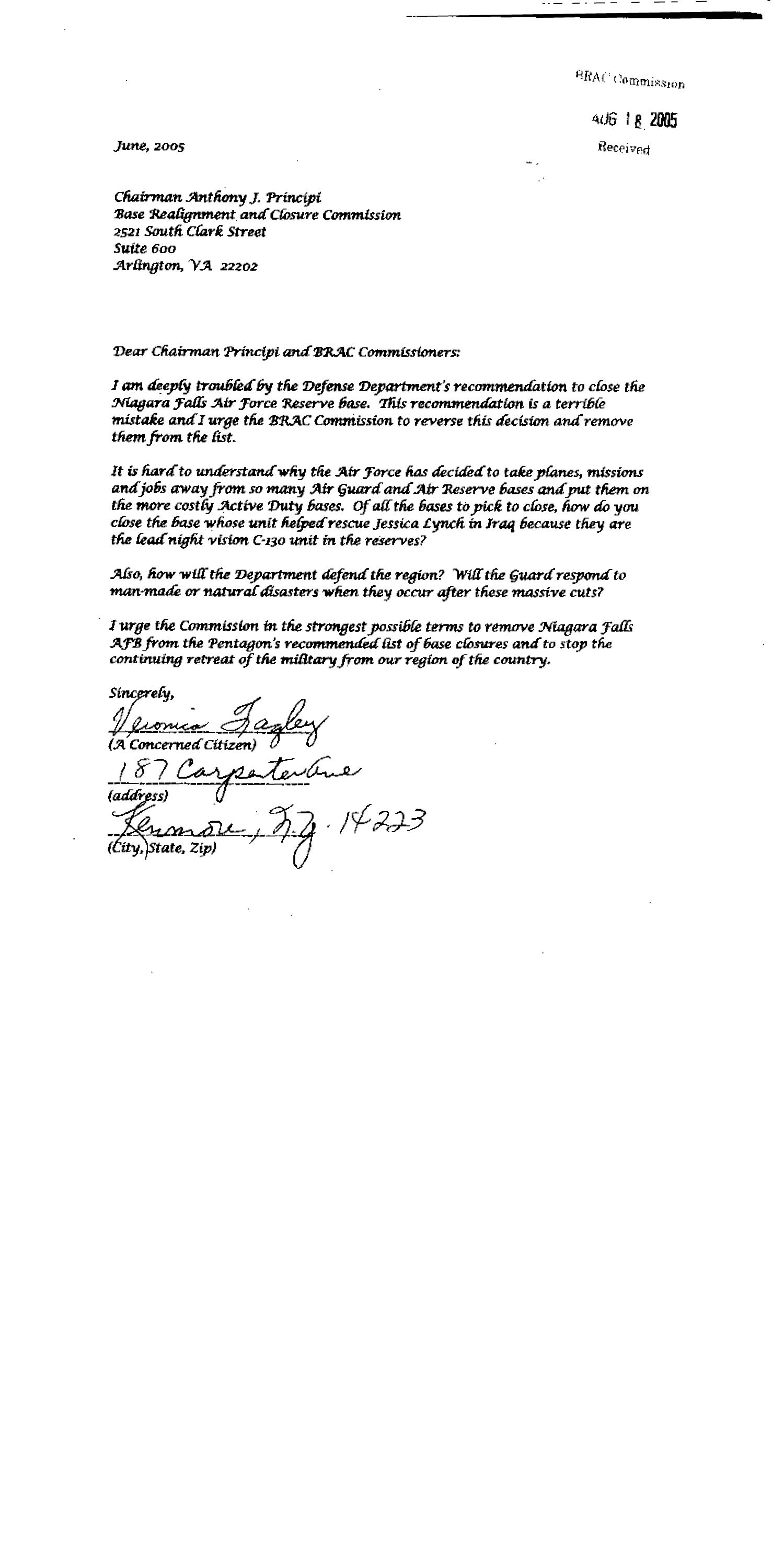 Community Correspondence 527 Form Letters from Concerned Citizens Niagara Falls Air Force