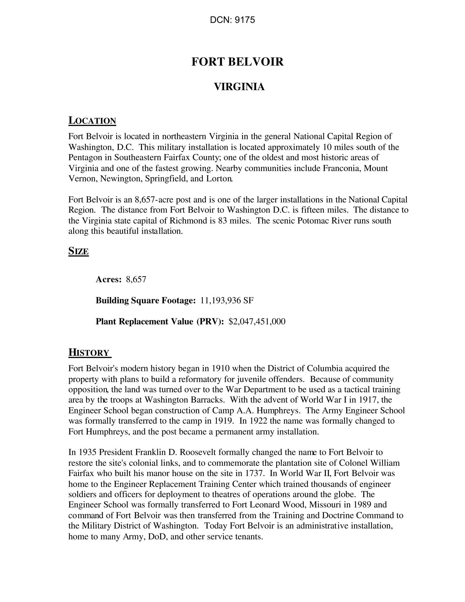 Installation Summary FORT BELVOIR Page 1 of 2 UNT Digital Library
