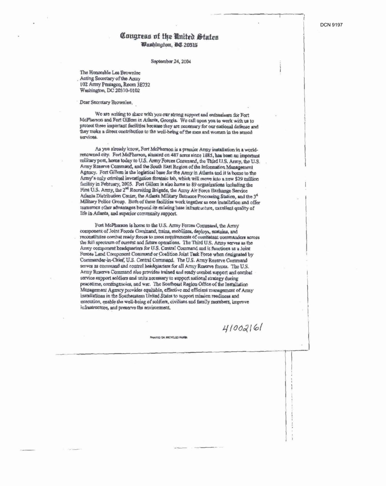 Letter dated 23 Sep 2004 from Congressmen John Lewis and and David
