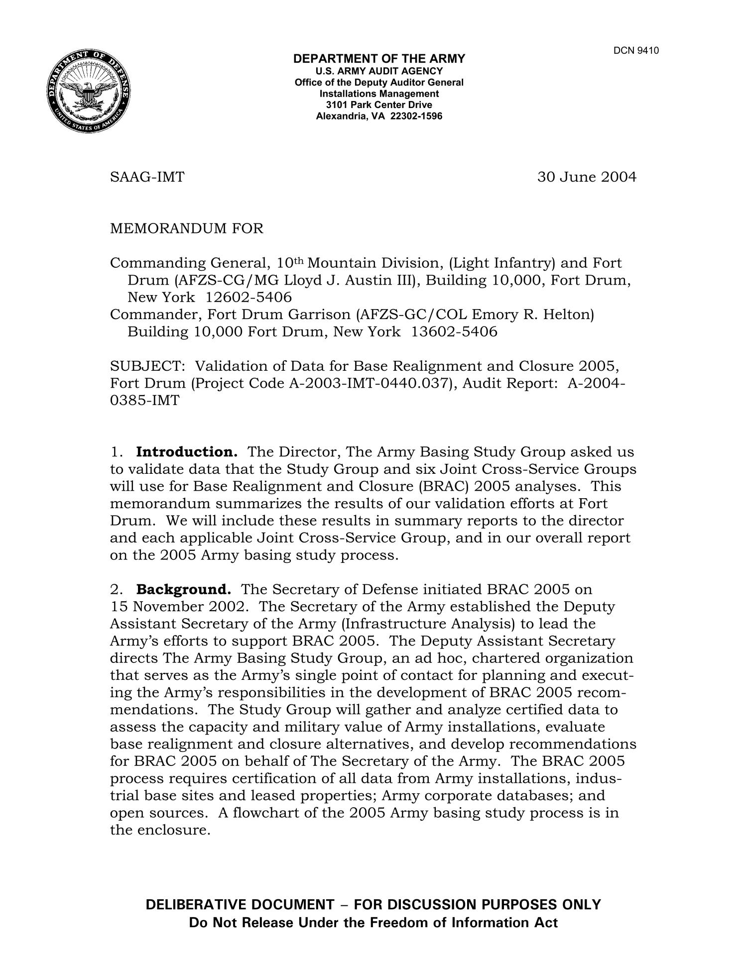 Memorandum To Commanding General Fort Drum Installations Management