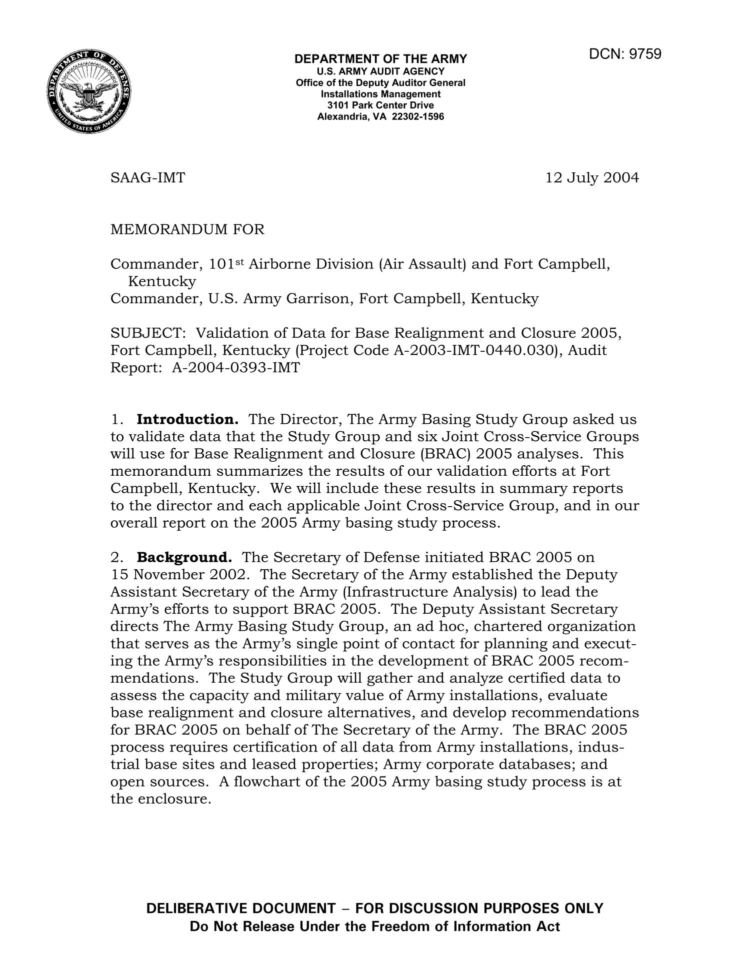 Memorandum Validation of Data for Base Realignment and Closure 2005
