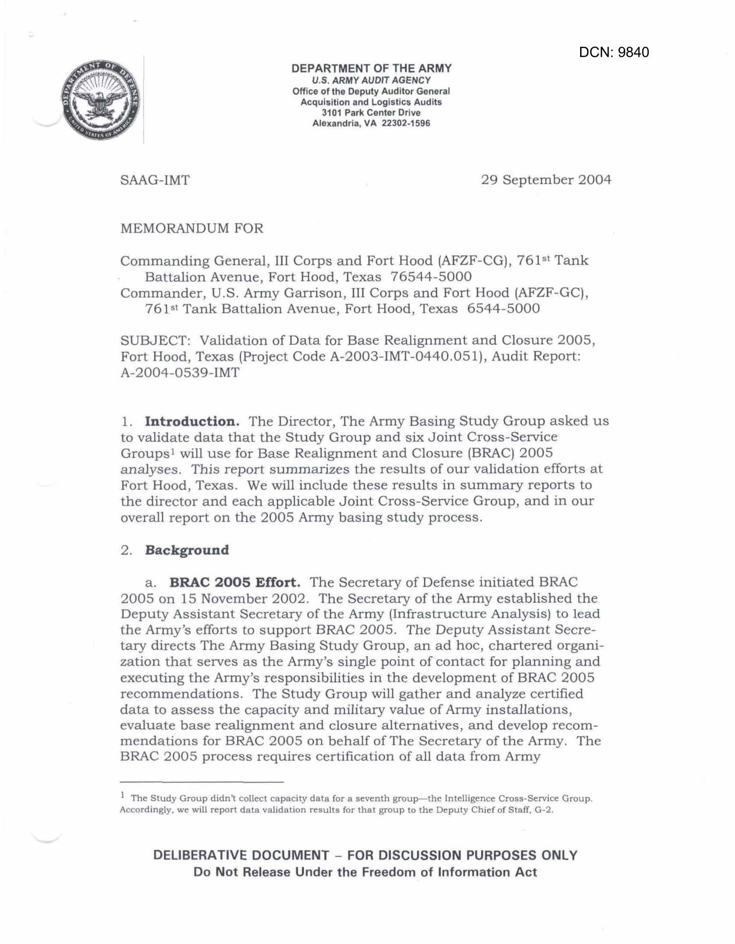 Memorandum Validation of Data for Base Realignment and Closure 2005