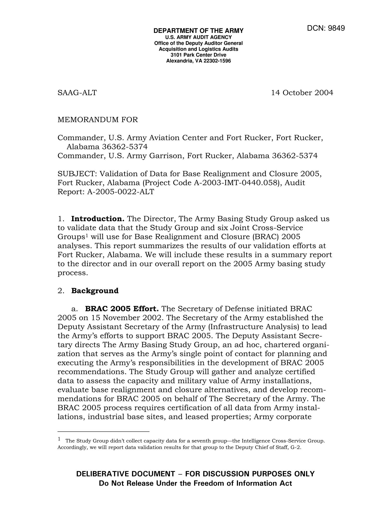 Memorandum Validation of Data for Base Realignment and Closure 2005