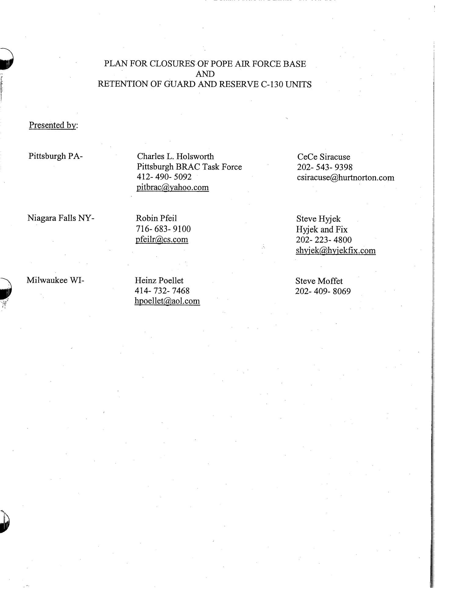 Community Input Plan for Closure of Pope Air Force Base and Retention of Guard and Reserve C