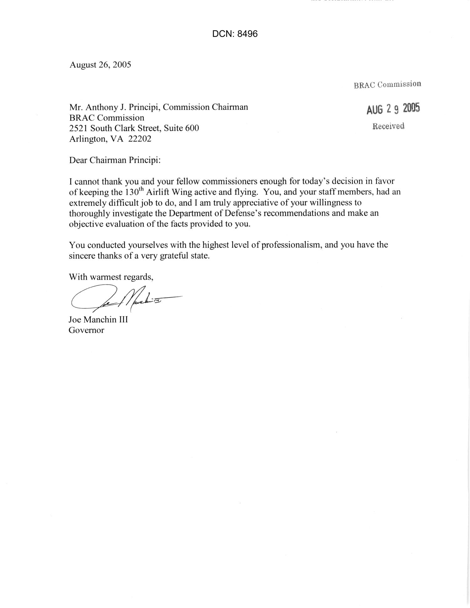 Letter from West Virginia Governor Joe Manchin III to Chairman Principi