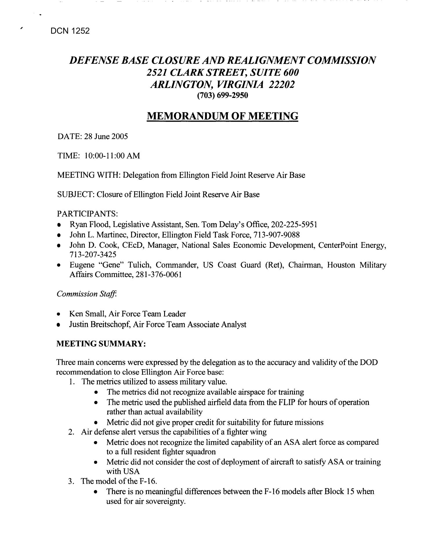 [Memorandum of Meeting Ellington Field Joint Reserve Air Base, Texas