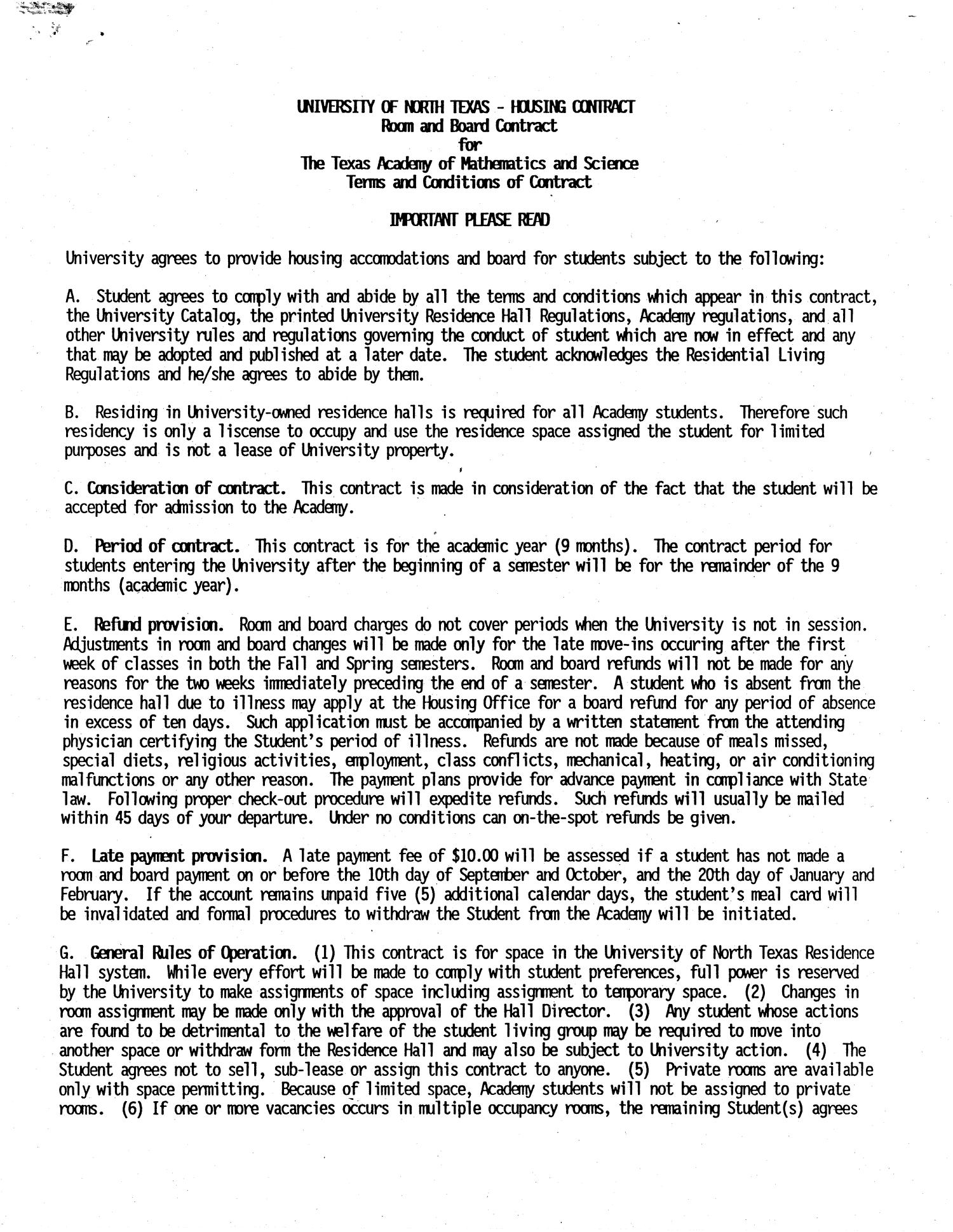 Room and Board Contract for The Texas Academy of Mathematics and