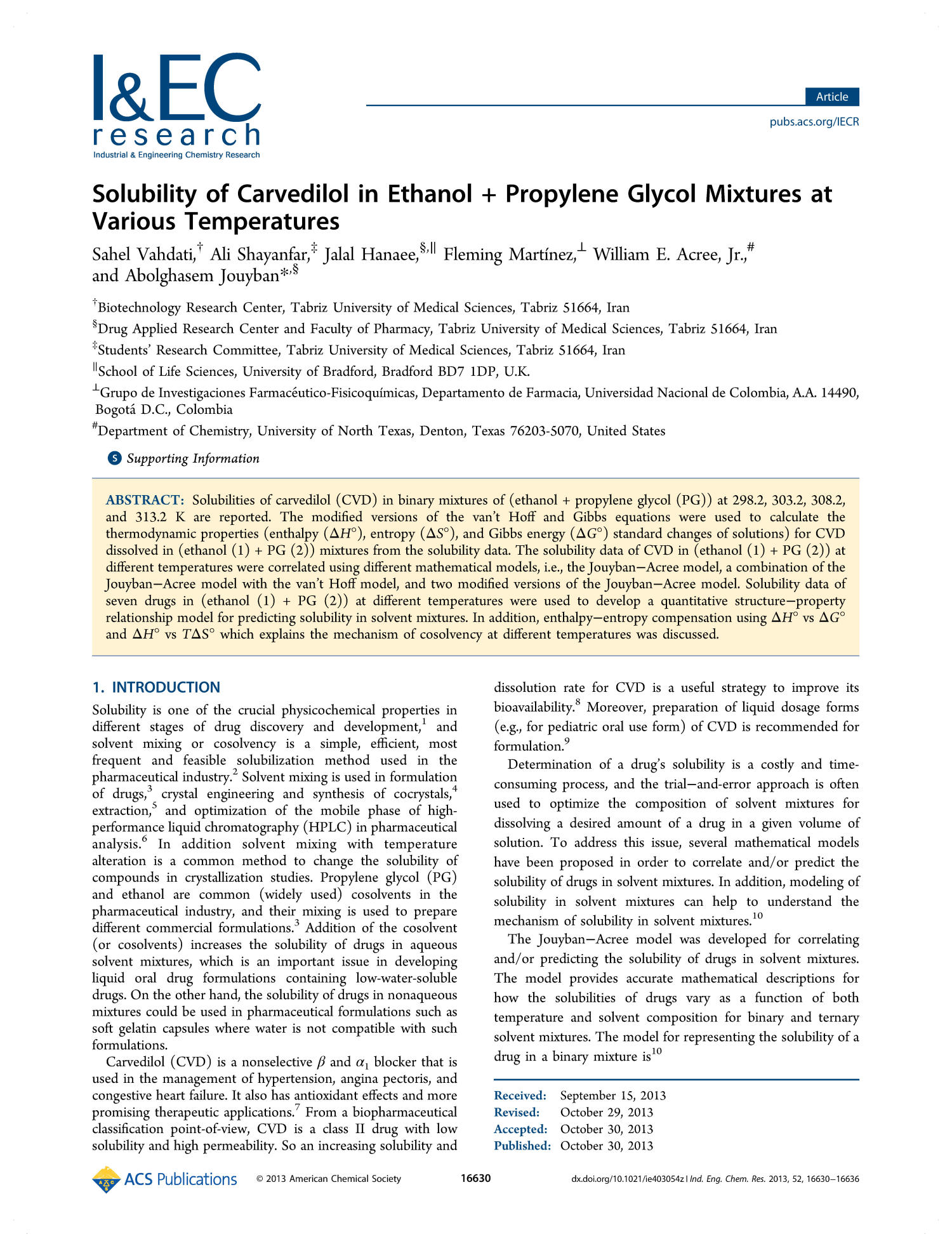 Solubility of Carvedilol in Ethanol + Propylene Glycol Mixtures at