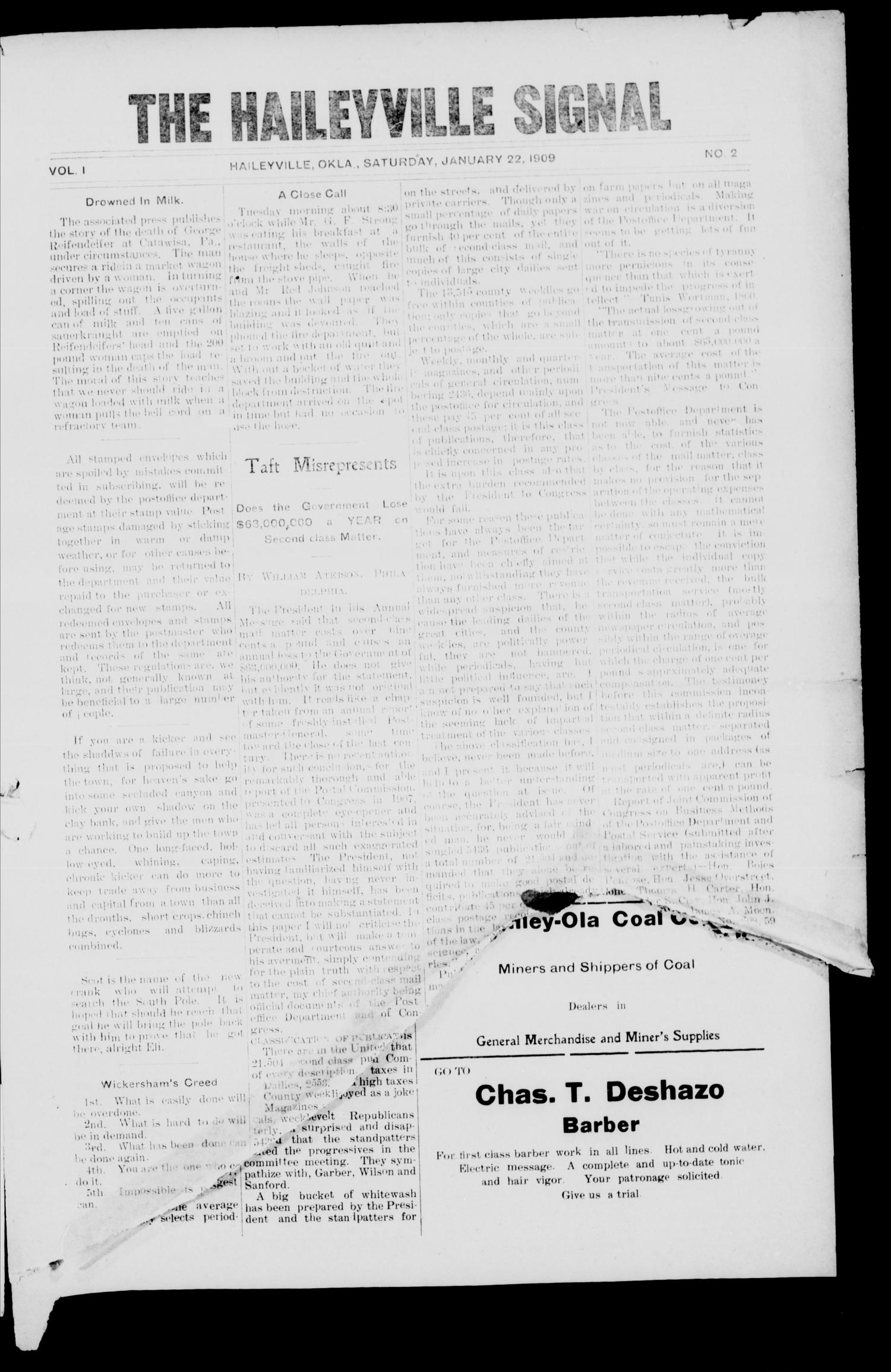 The Haileyville Signal (Haileyville, Okla.), Vol. 1, No. 2, Ed. 1