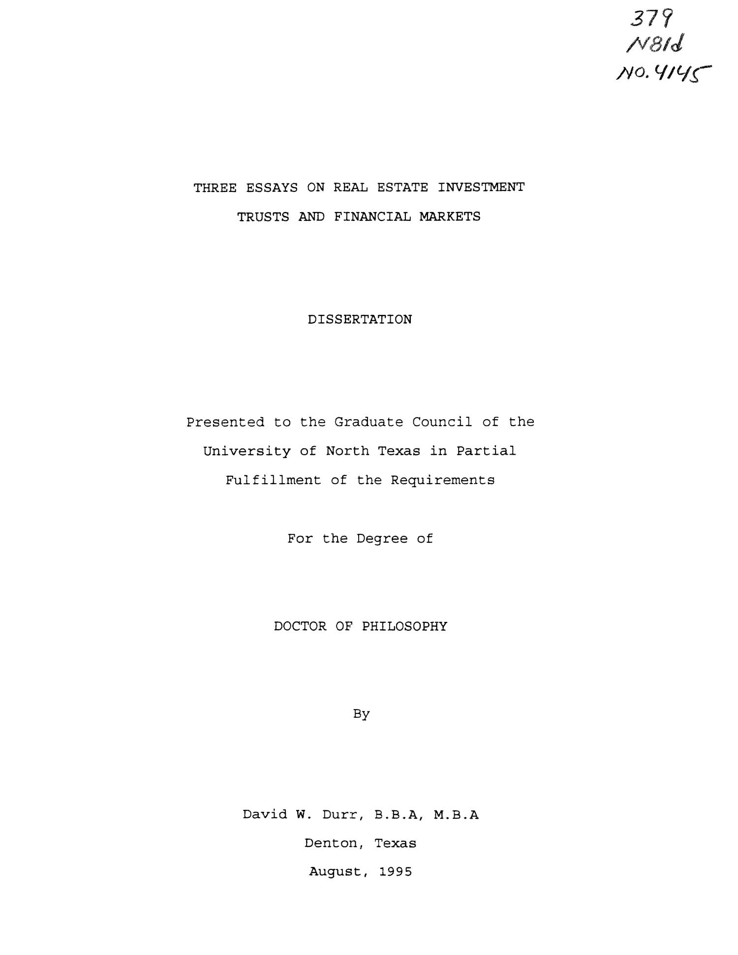 Three Essays on Real Estate Investment Trusts and Financial Markets