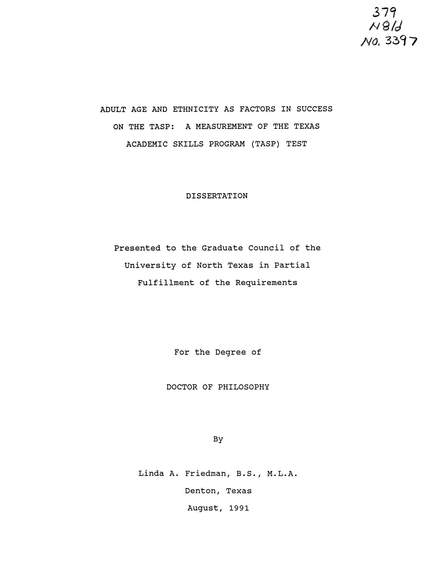 Adult Age and Ethnicity as Factors in Success on the TASP A