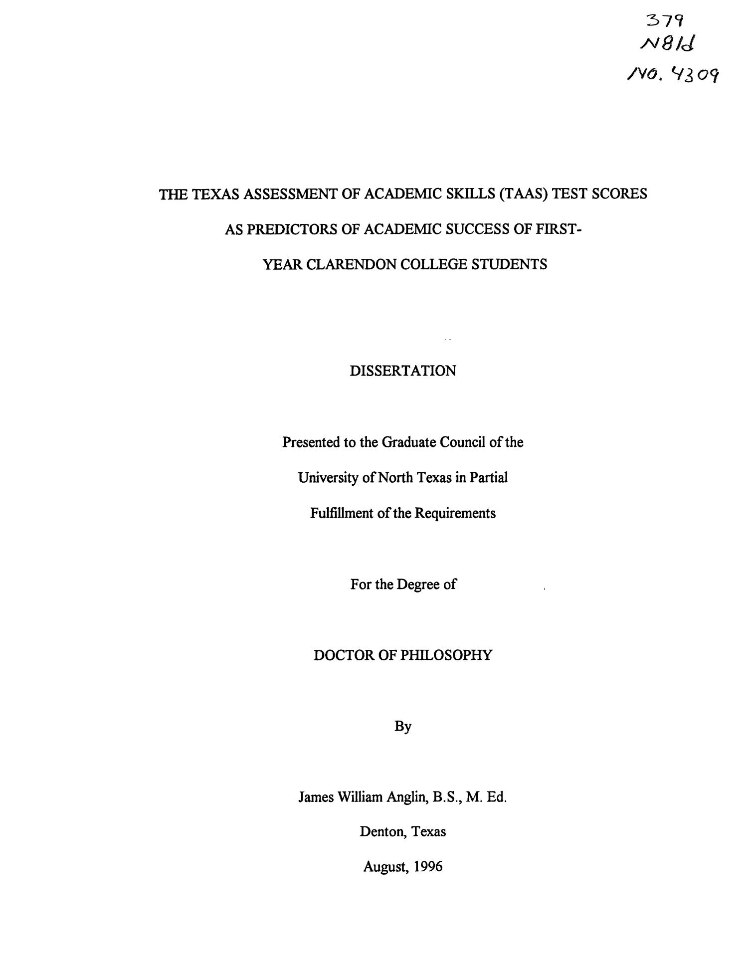 The Texas Assessment of Academic Skills (TAAS) Test Scores as Predictors of Academic Success of