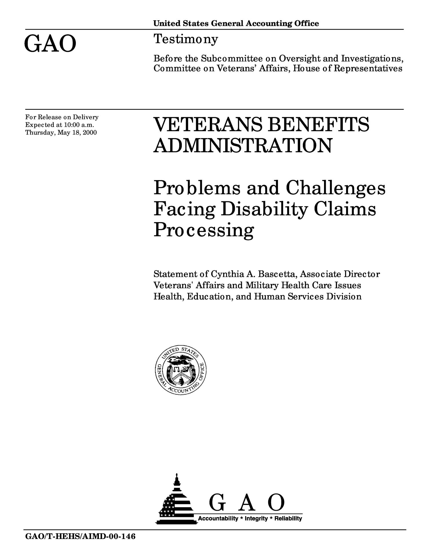 Veterans Benefits Administration Problems and Challenges Facing