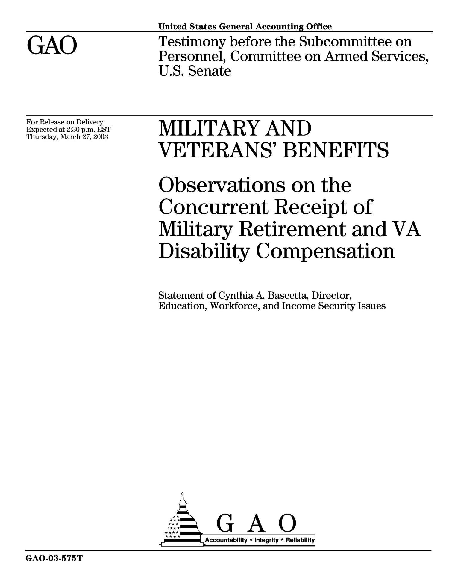 Military and Veterans' Benefits Observations on the Concurrent Receipt