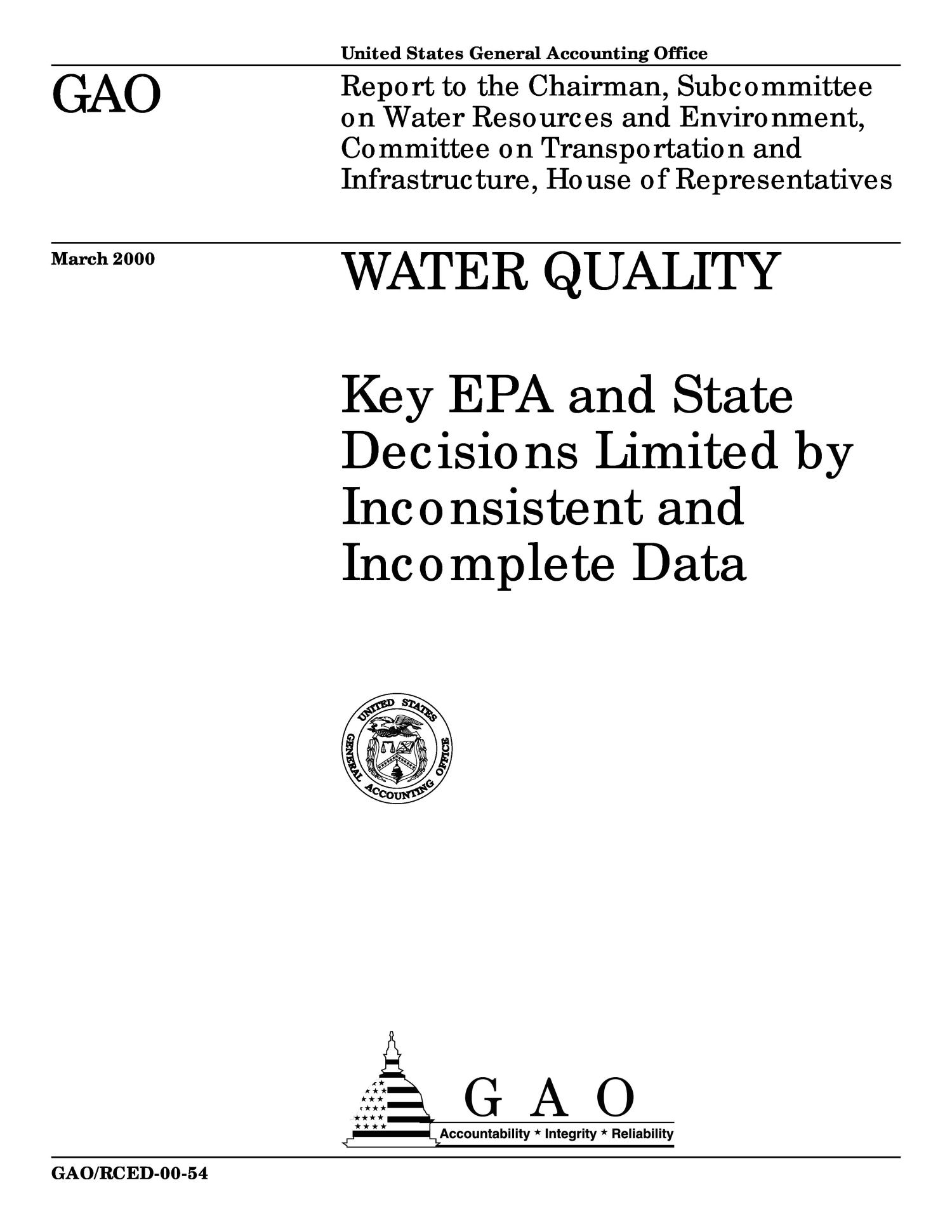 Water Quality Key EPA and State Decisions Limited by Inconsistent and