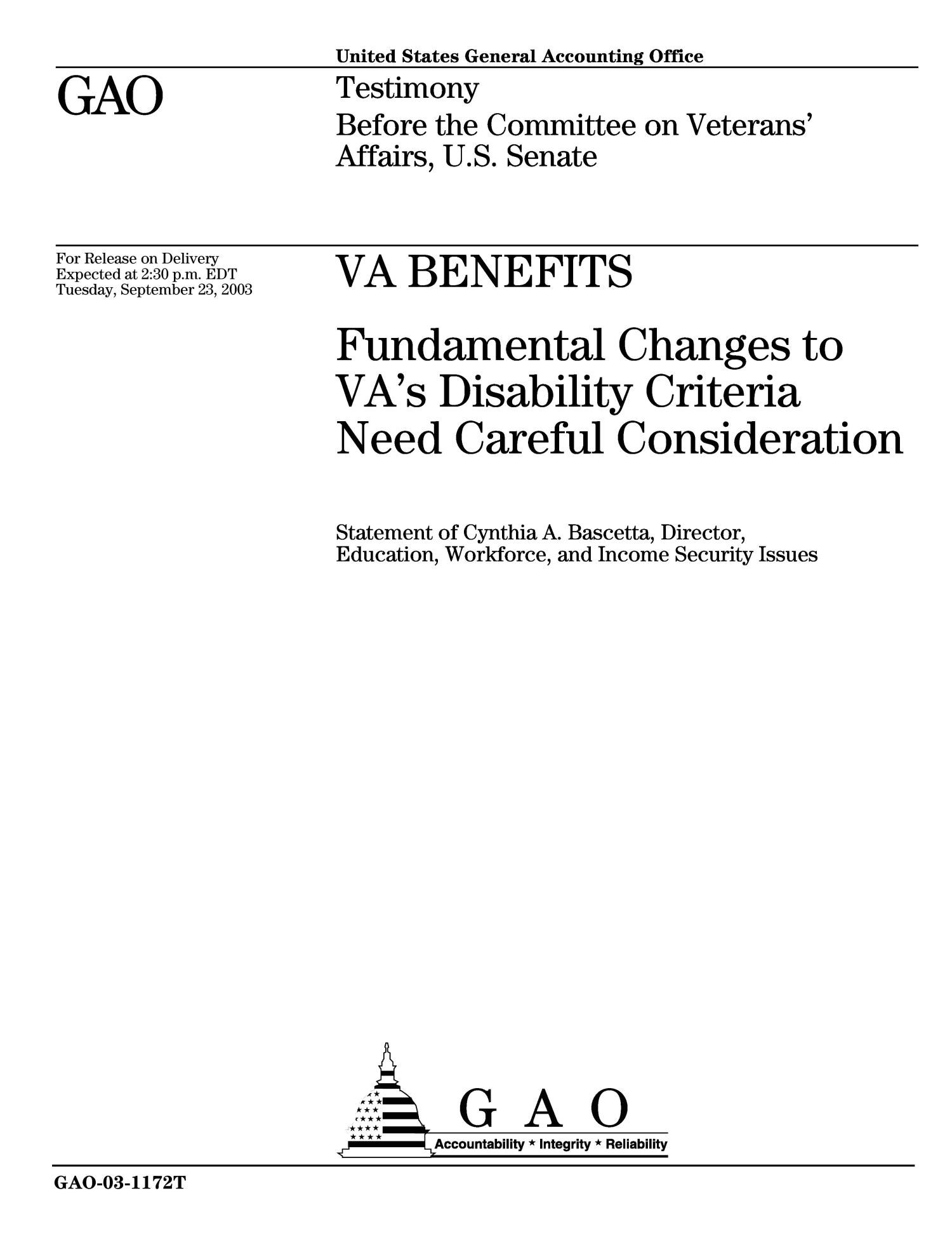 VA Benefits Fundamental Changes to VA's Disability Criteria Need