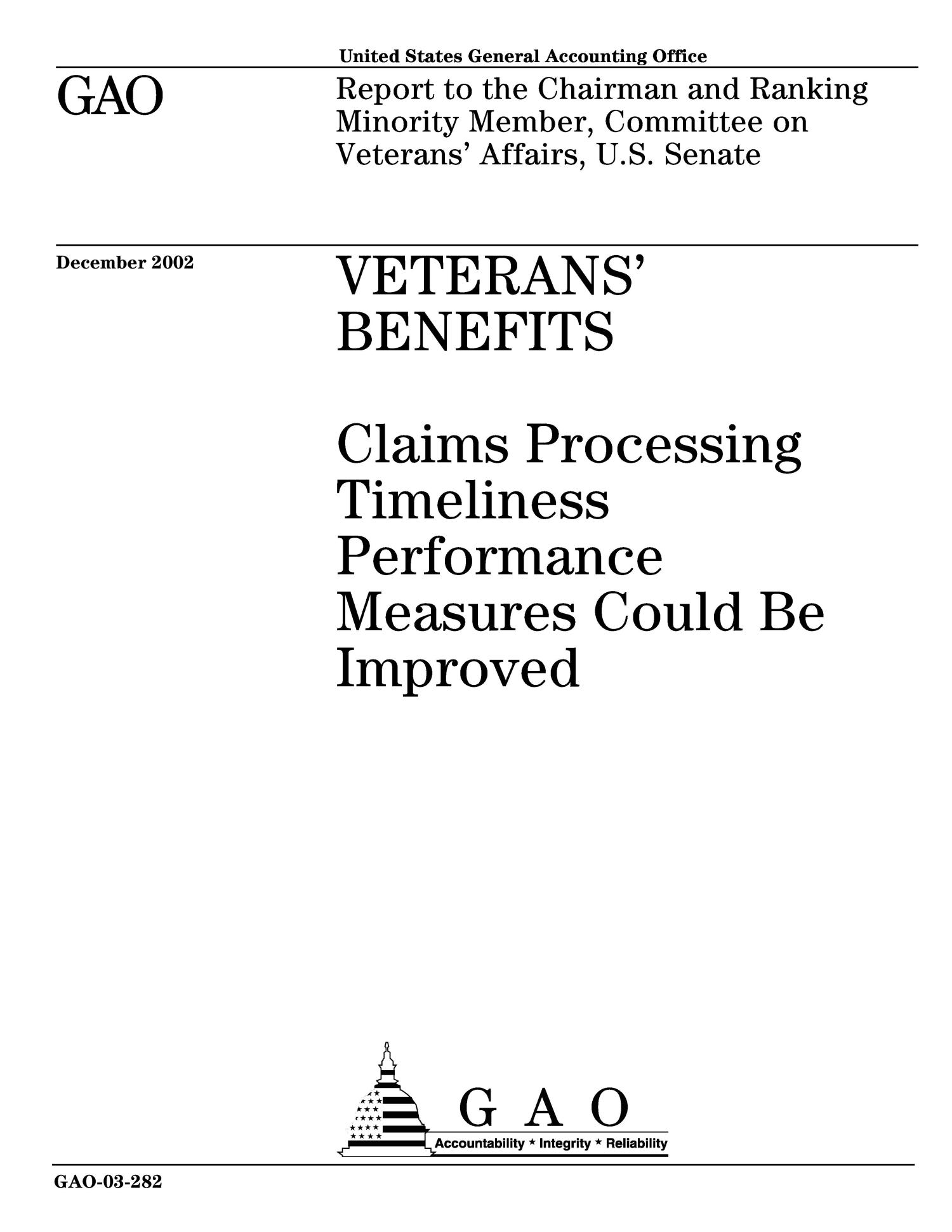 Veterans' Benefits Claims Processing Timeliness Performance Measures