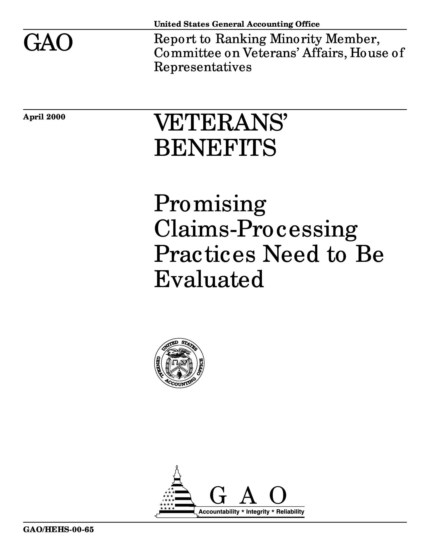 Veterans' Benefits Promising ClaimsProcessing Practices Need to Be