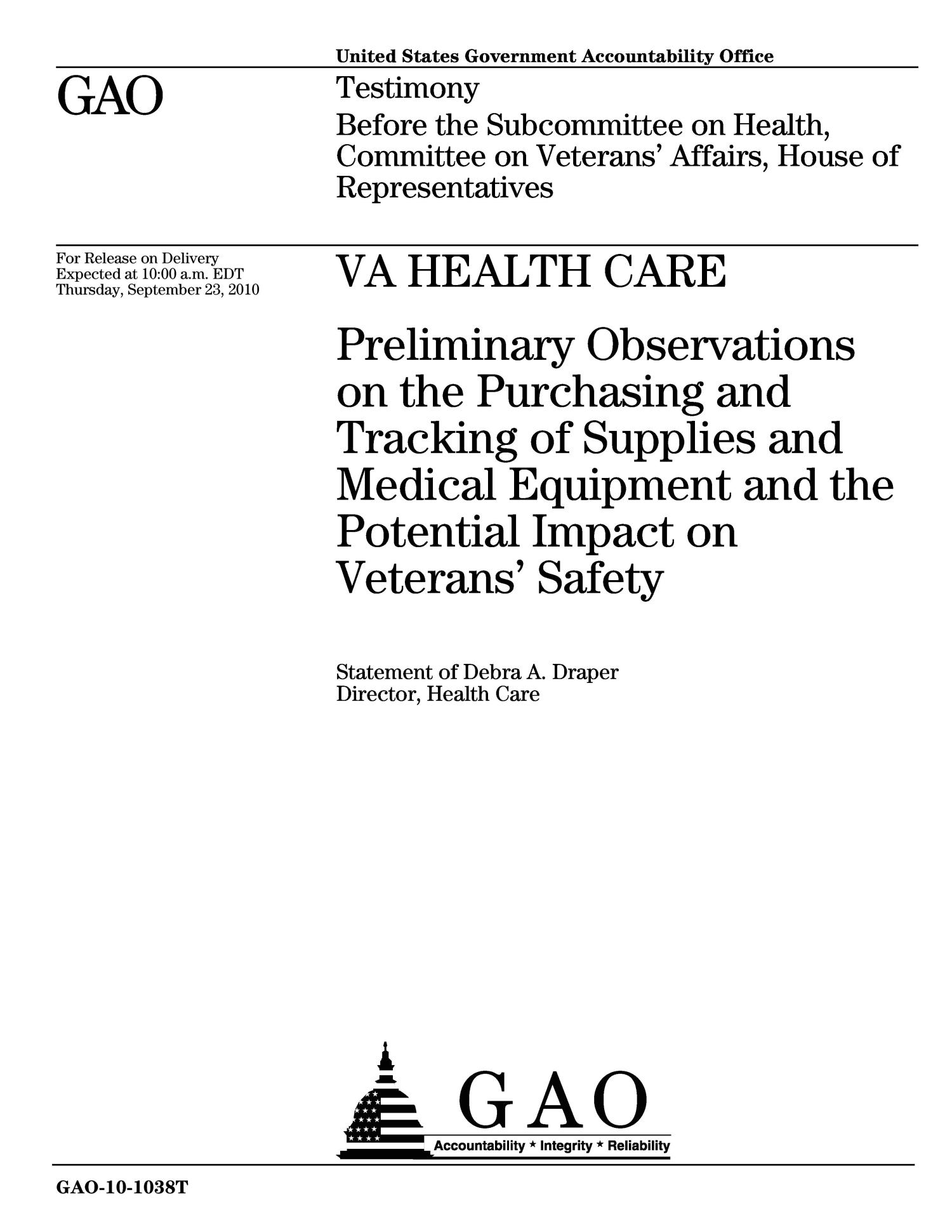 VA Health Care Preliminary Observations on the Purchasing and Tracking