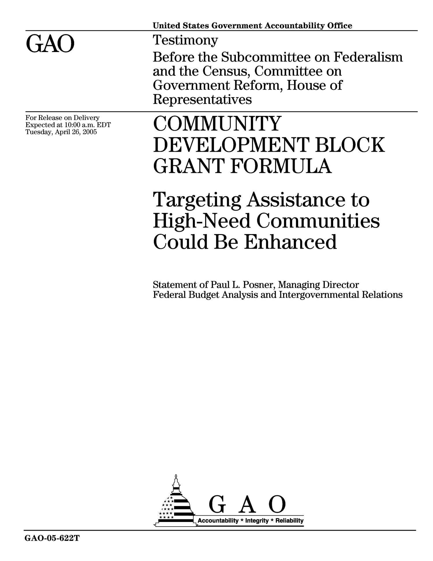 Community Development Block Grant Formula Targeting Assistance to High