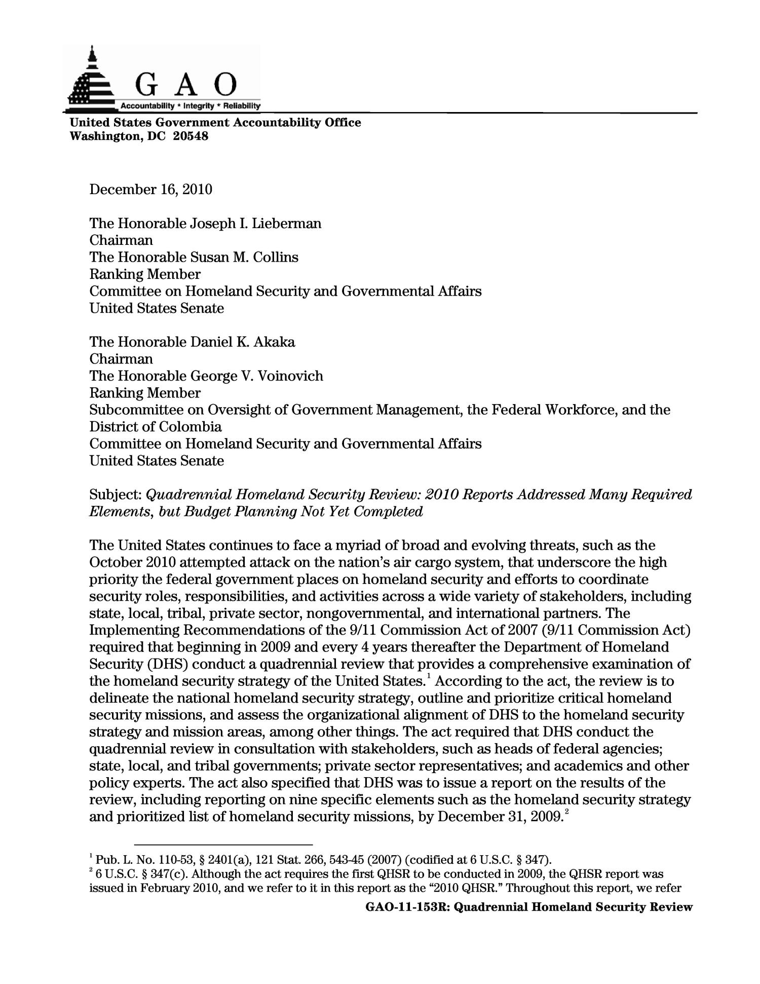 Quadrennial Homeland Security Review 2010 Reports Addressed Many
