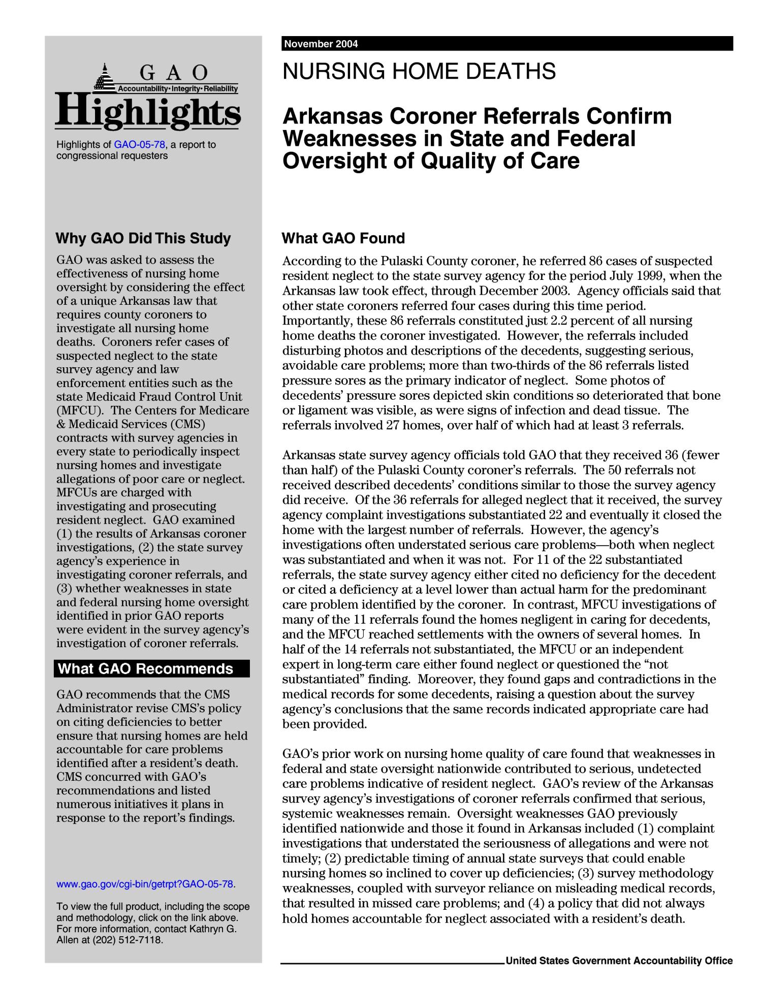 Nursing Home Deaths Arkansas Coroner Referrals Confirm Weaknesses in