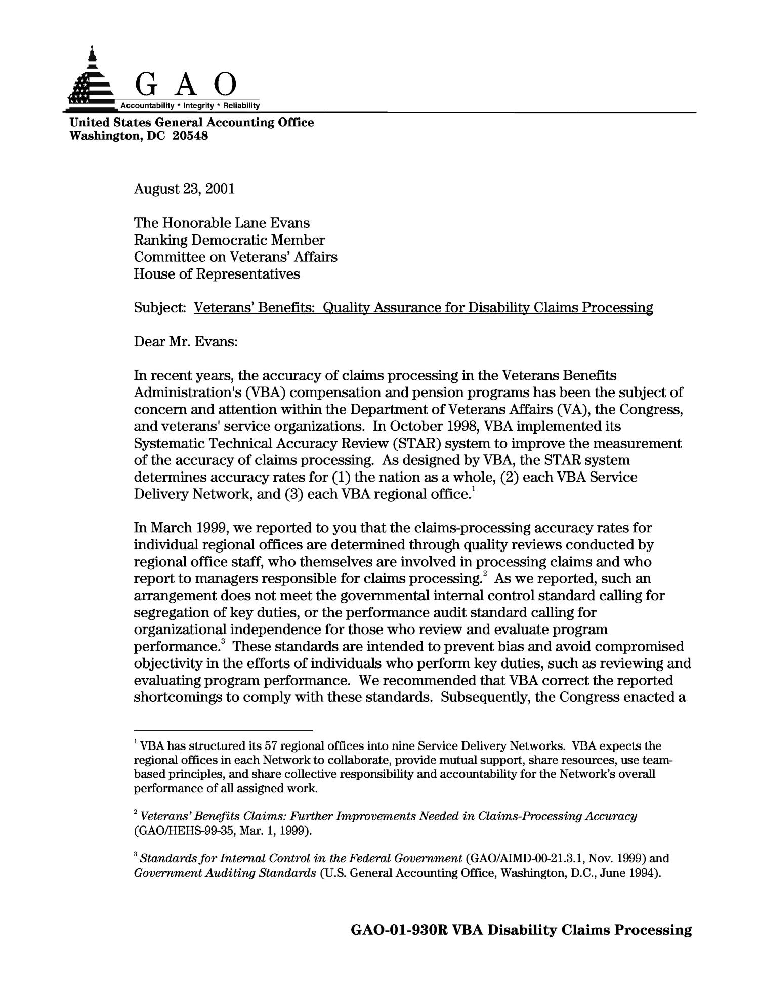 Veterans' Benefits Quality Assurance for Disability Claims Processing