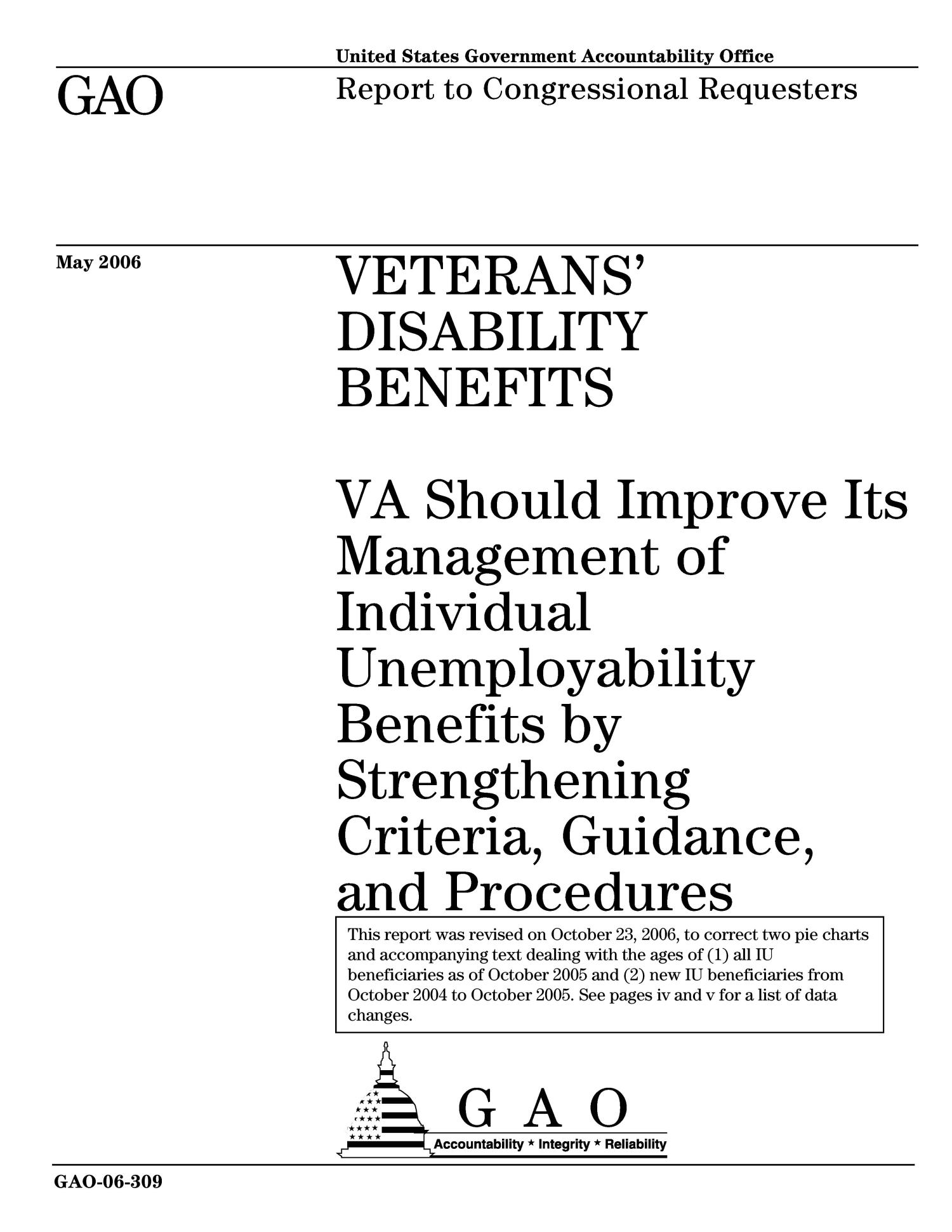 Veterans' Disability Benefits VA Should Improve Its Management of