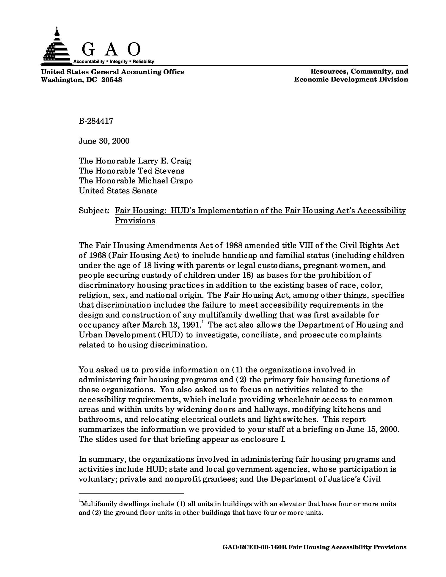 Fair Housing HUD's Implementation of the Fair Housing Act's