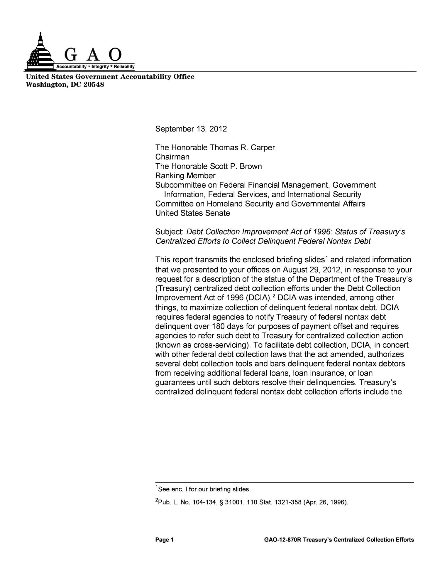 Debt Collection Improvement Act of 1996 Status of Treasury's