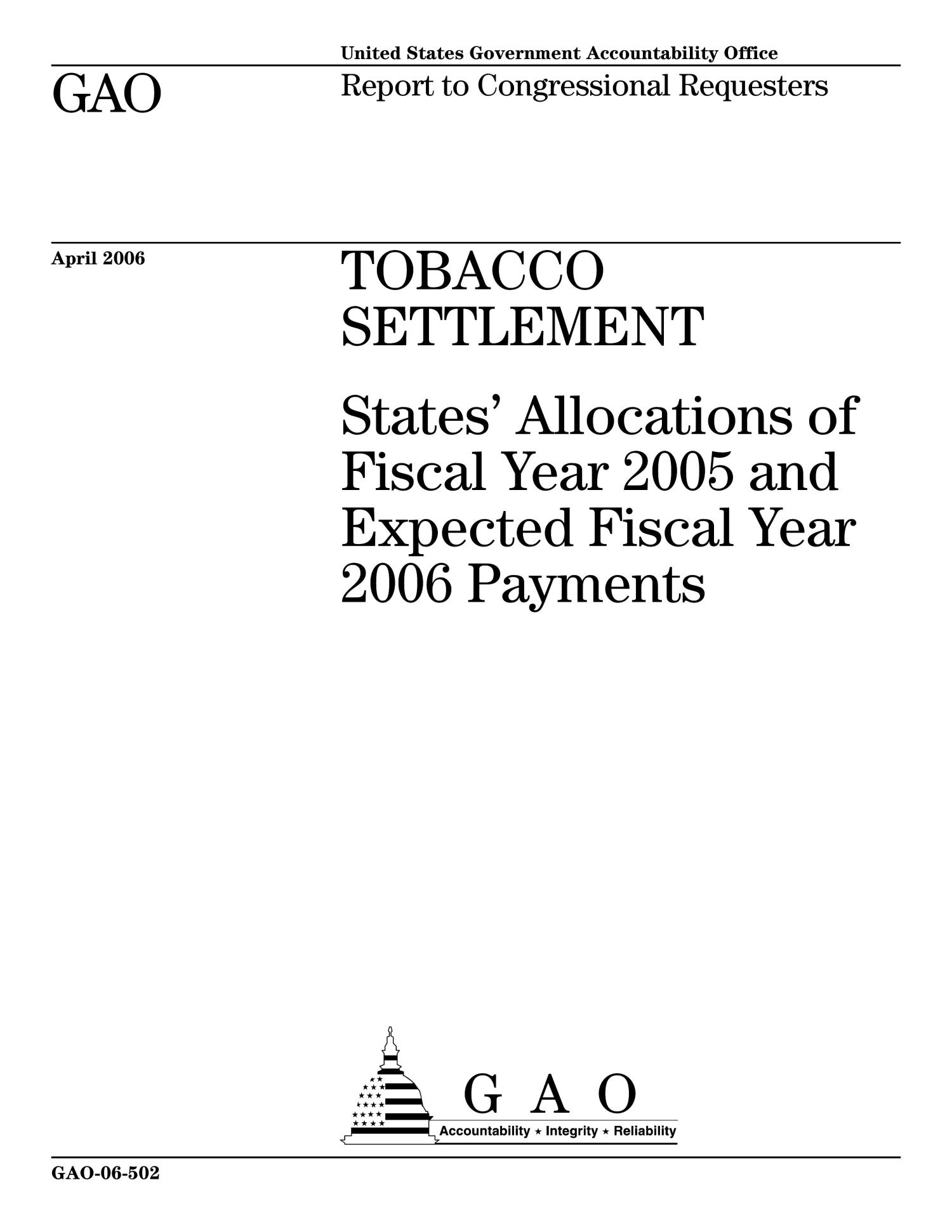Tobacco Settlement States' Allocations of Fiscal Year 2005 and
