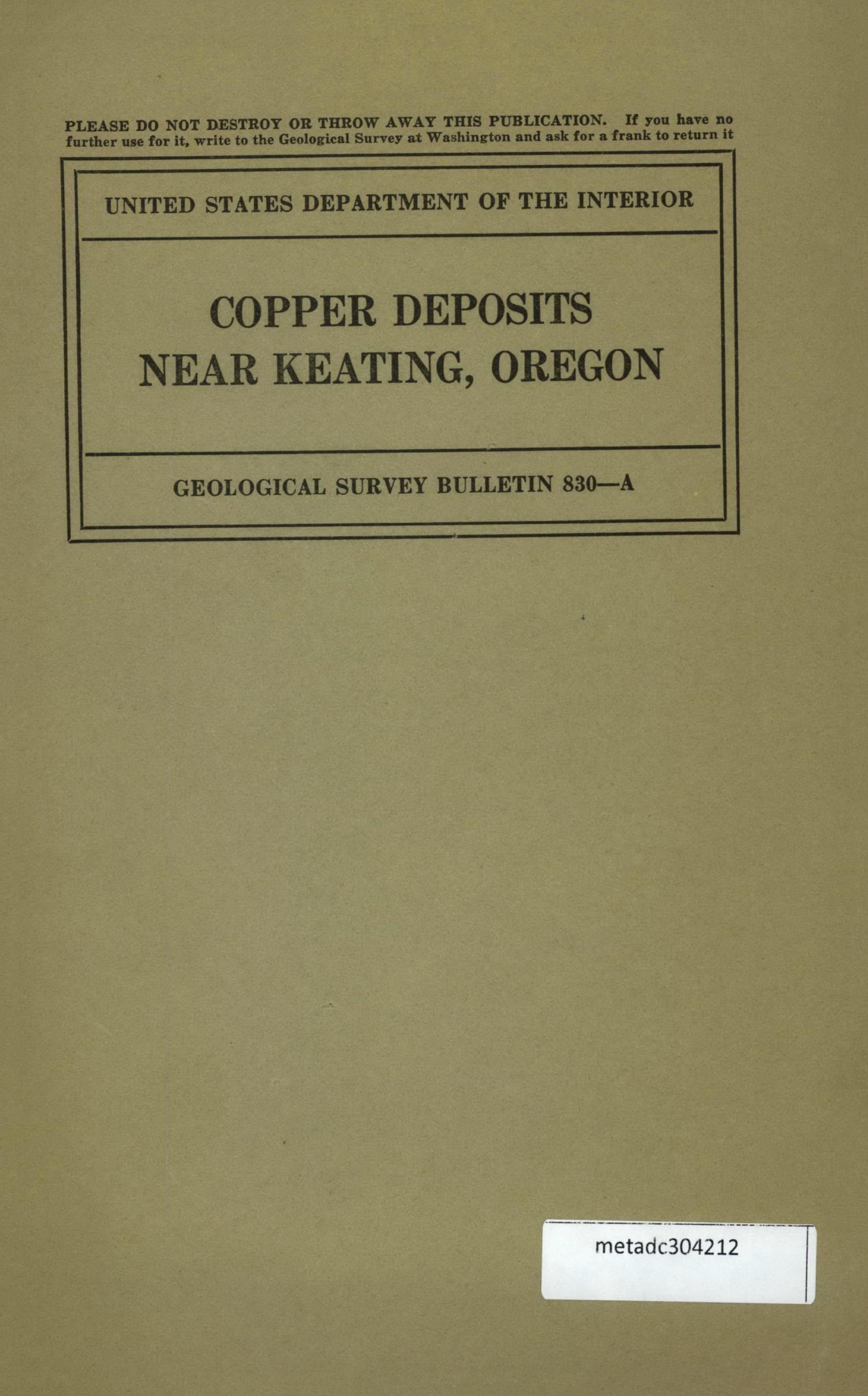 Copper Deposits Near Keating, Oregon UNT Digital Library