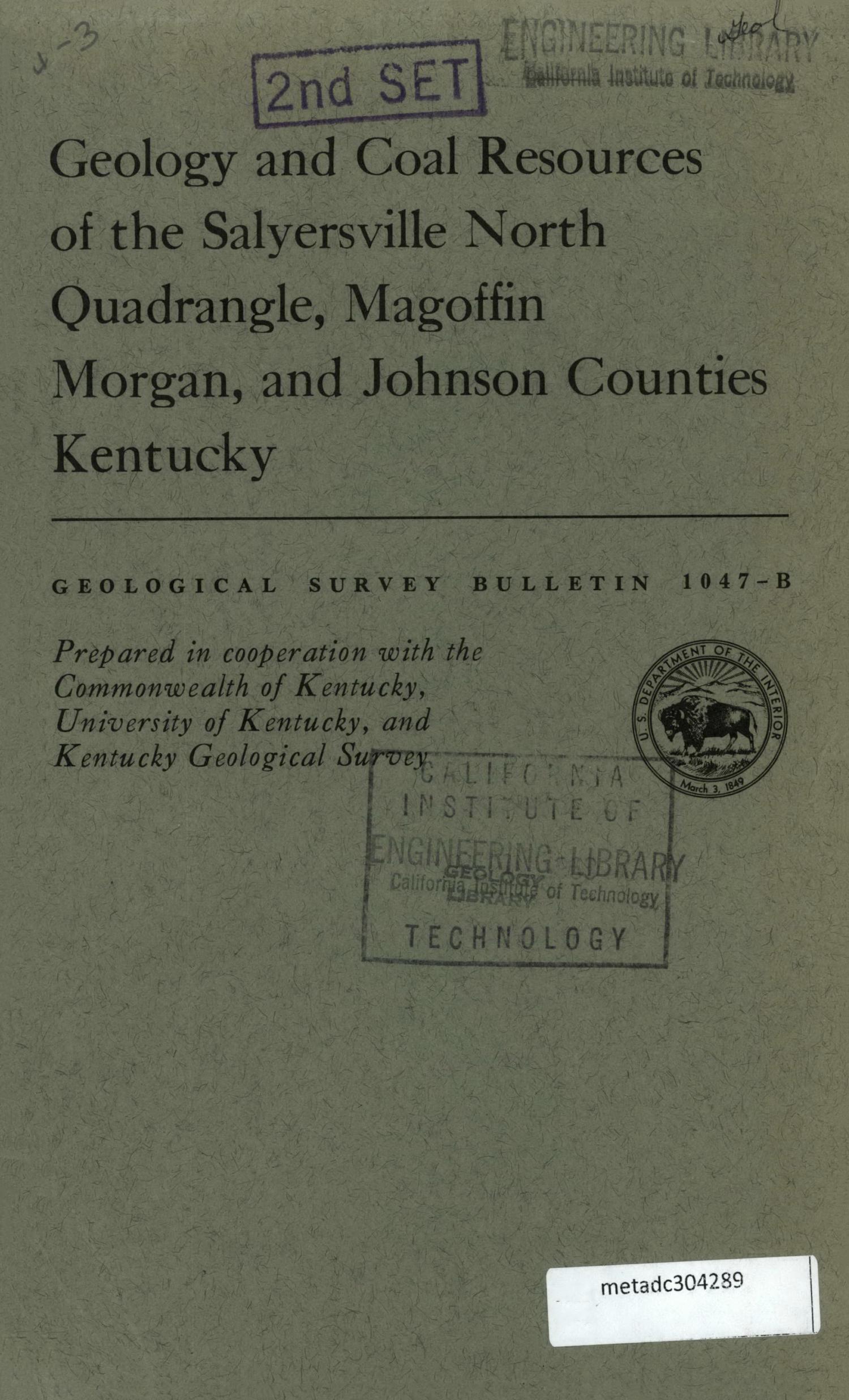 Geology and Coal Resources of the Salyersville North Quadrangle, Magoffin, and Johnson