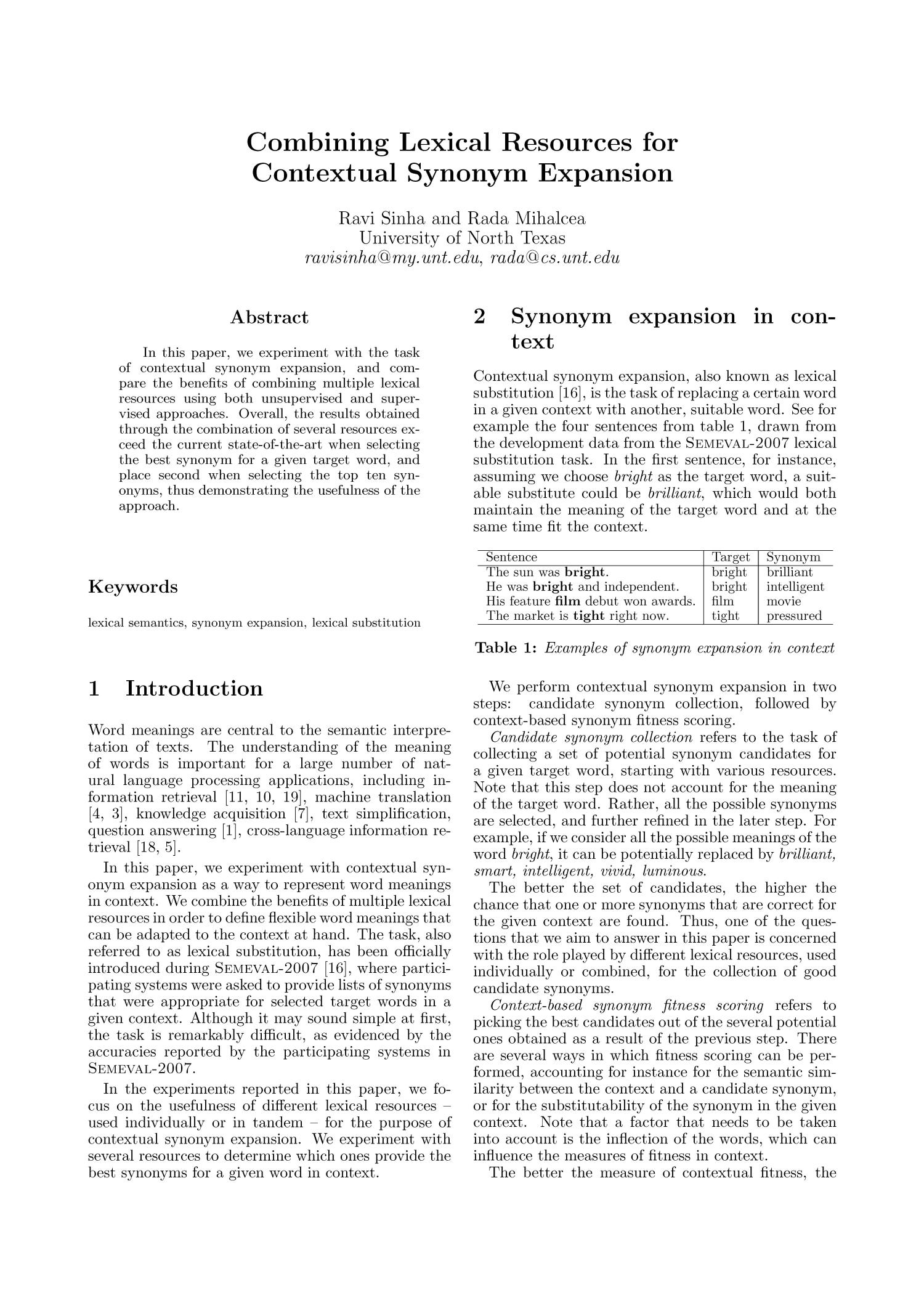 Combining Lexical Resources for Contextual Synonym Expansion Page 1