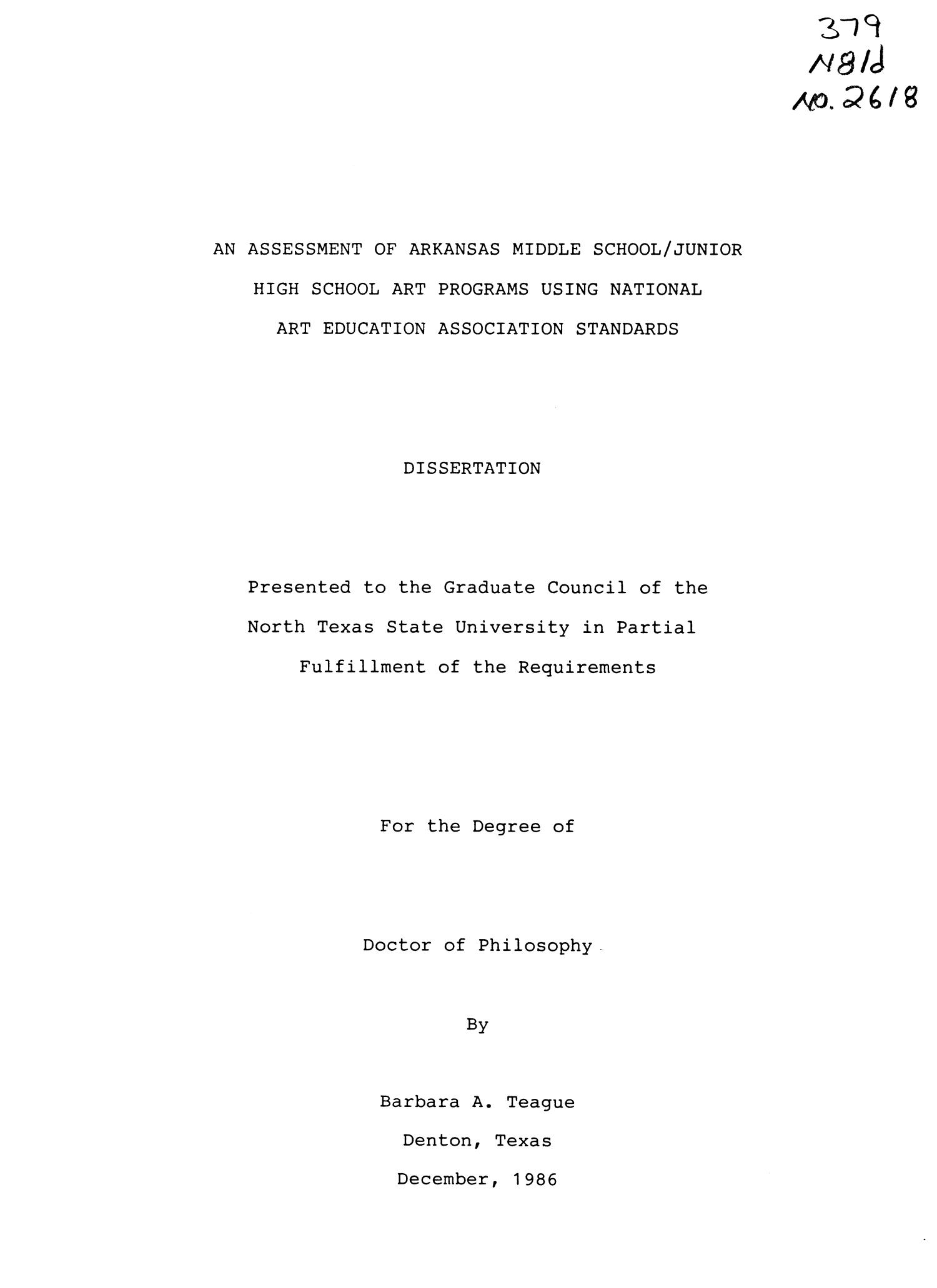 An Assessment of Arkansas Middle school/Junior High School Art Programs