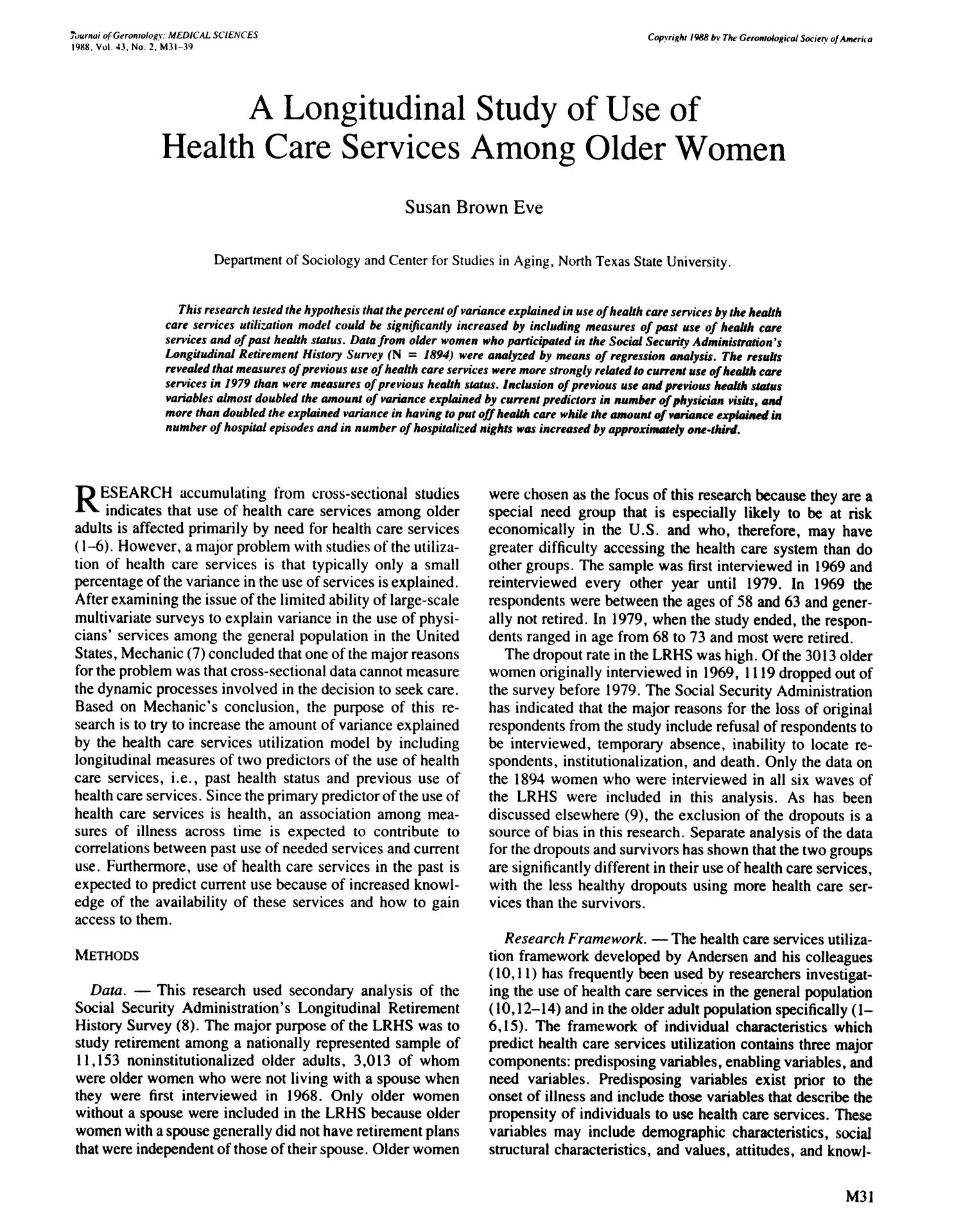 A Longitudinal Study of Use of Health Care Services Among Older Women