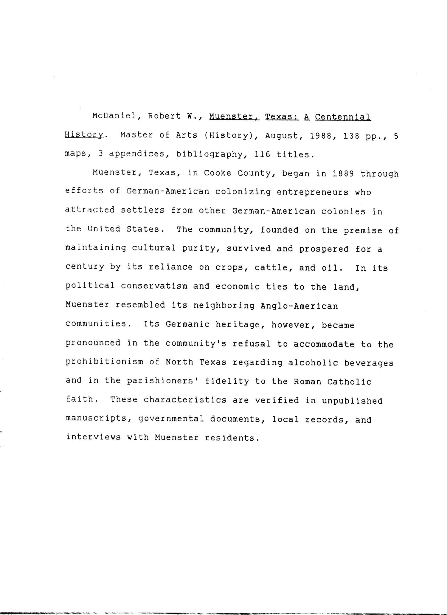 Muenster, Texas A Centennial History Page 2 UNT Digital Library